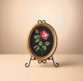 Vintage Rose Needlepoint Art, Oval Floral Embroidery Wall Decor in Gilded Frame, Romantic Cottagecore Wall Hanging, 11x8.5"