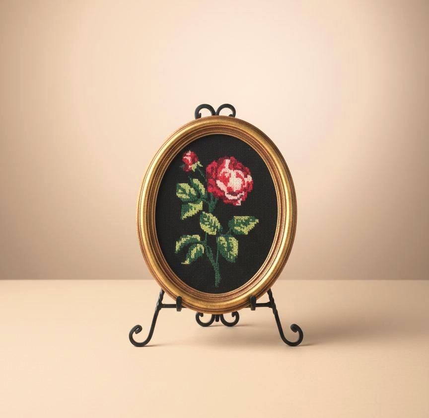 Vintage Rose Needlepoint Art, Oval Floral Embroidery Wall Decor in Gilded Frame, Romantic Cottagecore Wall Hanging, 11x8.5"