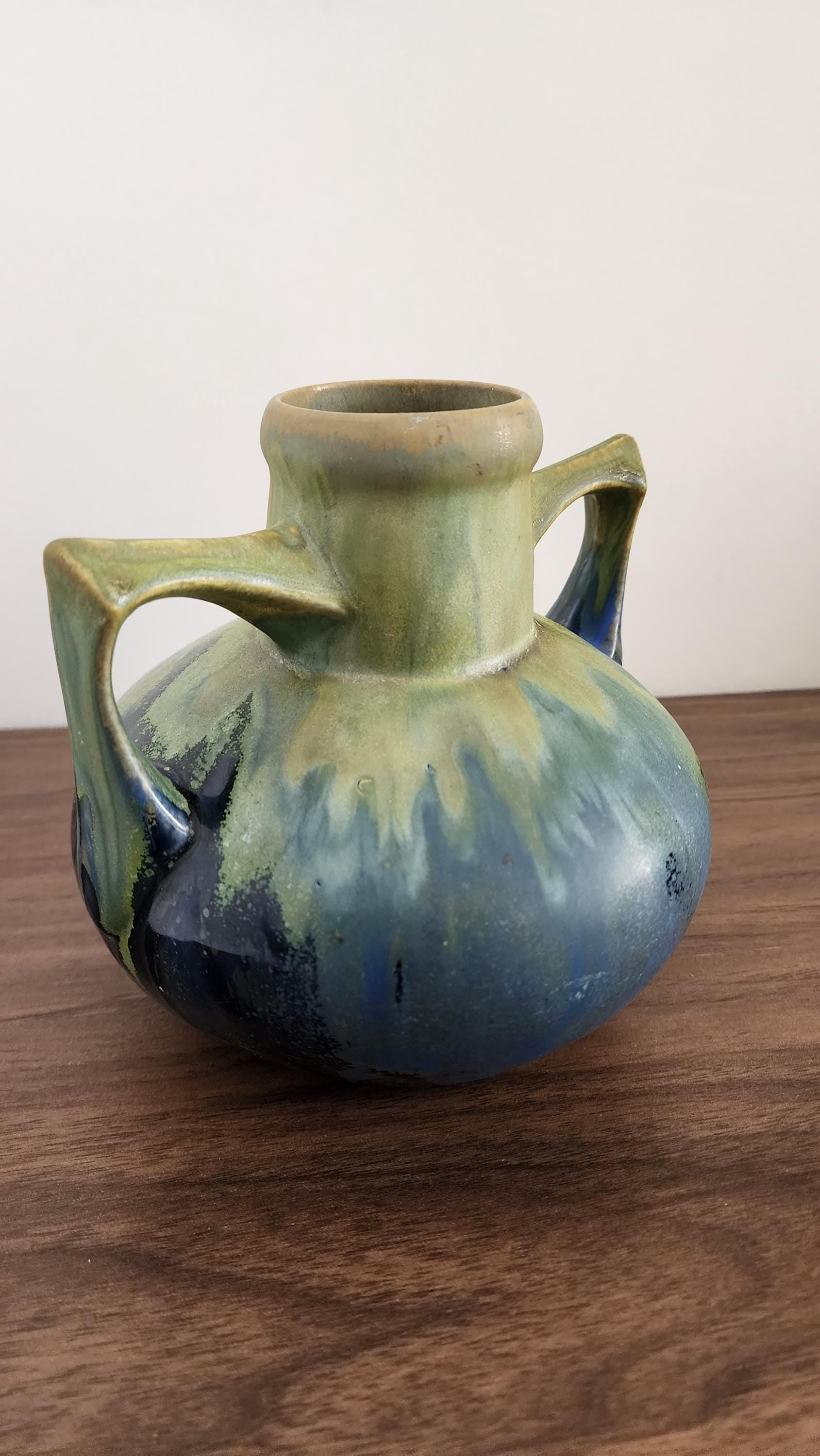 Gilbert Méténier Signed Vase – Blue Green Drip Glaze Art Pottery – Twin Handle French Studio Ceramic – 6.5" Sculptural Vintage Vessel