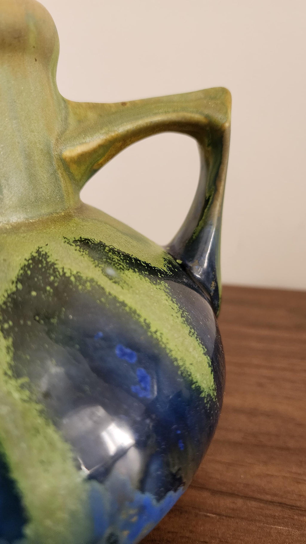 Gilbert Méténier Signed Vase – Blue Green Drip Glaze Art Pottery – Twin Handle French Studio Ceramic – 6.5" Sculptural Vintage Vessel