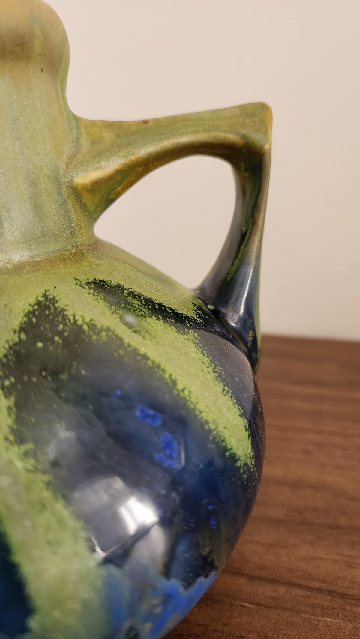 Gilbert Méténier Signed Vase – Blue Green Drip Glaze Art Pottery – Twin Handle French Studio Ceramic – 6.5" Sculptural Vintage Vessel