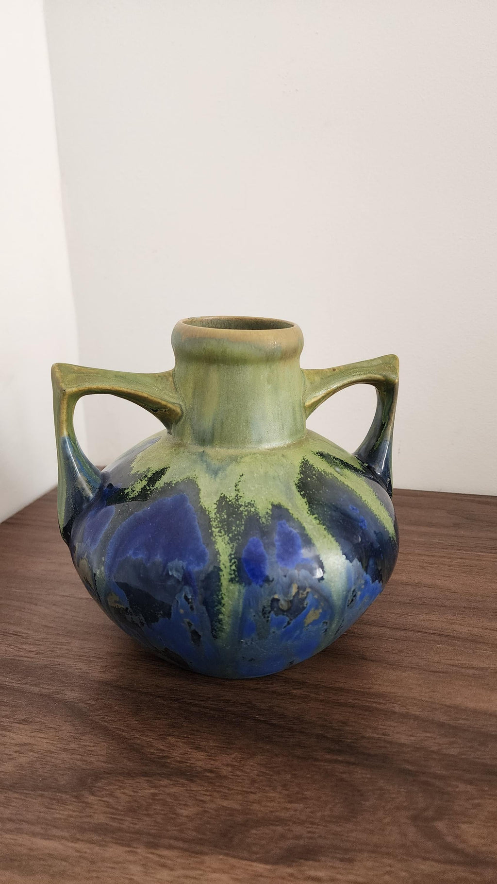 Gilbert Méténier Signed Vase – Blue Green Drip Glaze Art Pottery – Twin Handle French Studio Ceramic – 6.5" Sculptural Vintage Vessel