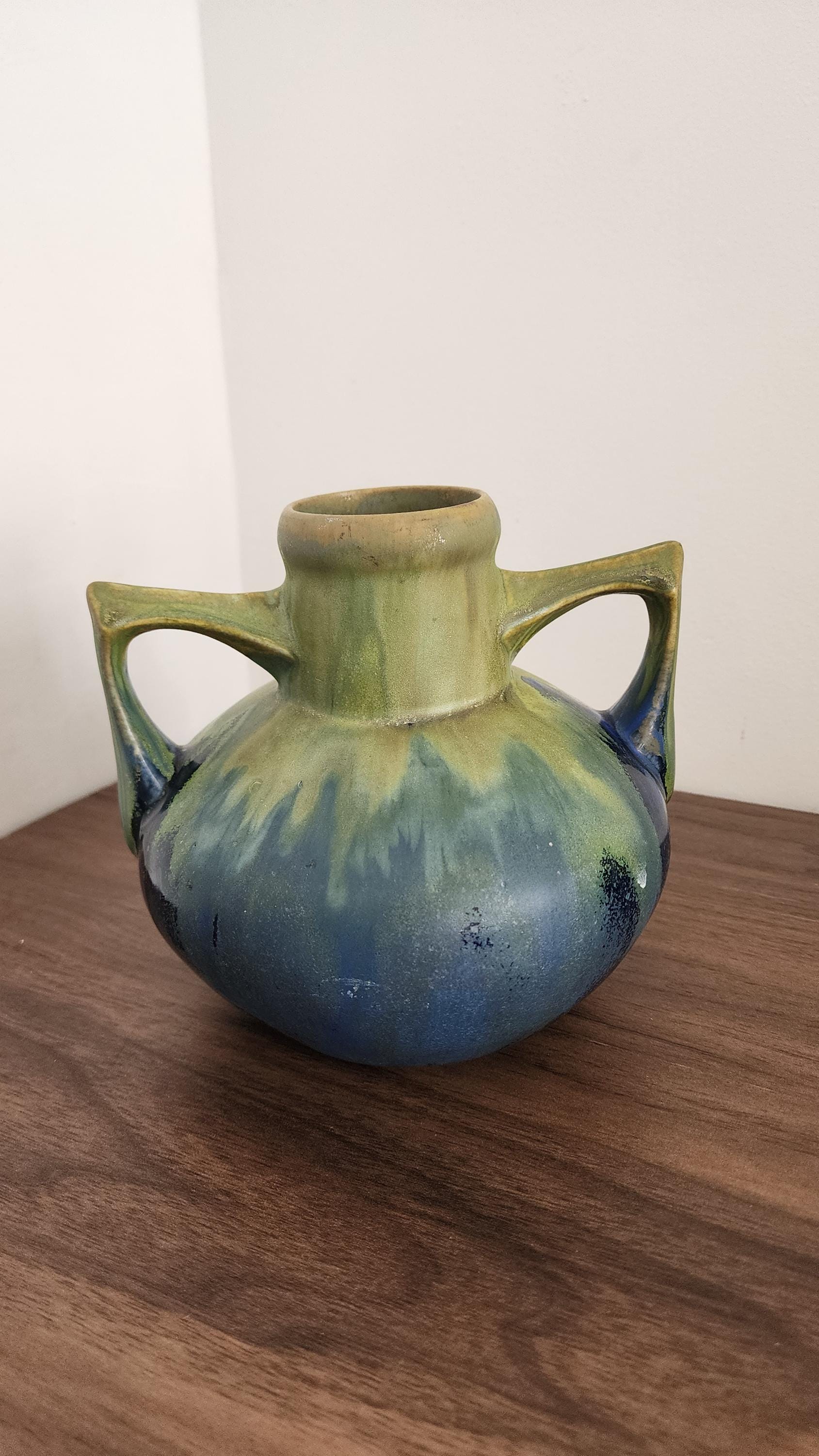 Gilbert Méténier Signed Vase – Blue Green Drip Glaze Art Pottery – Twin Handle French Studio Ceramic – 6.5" Sculptural Vintage Vessel