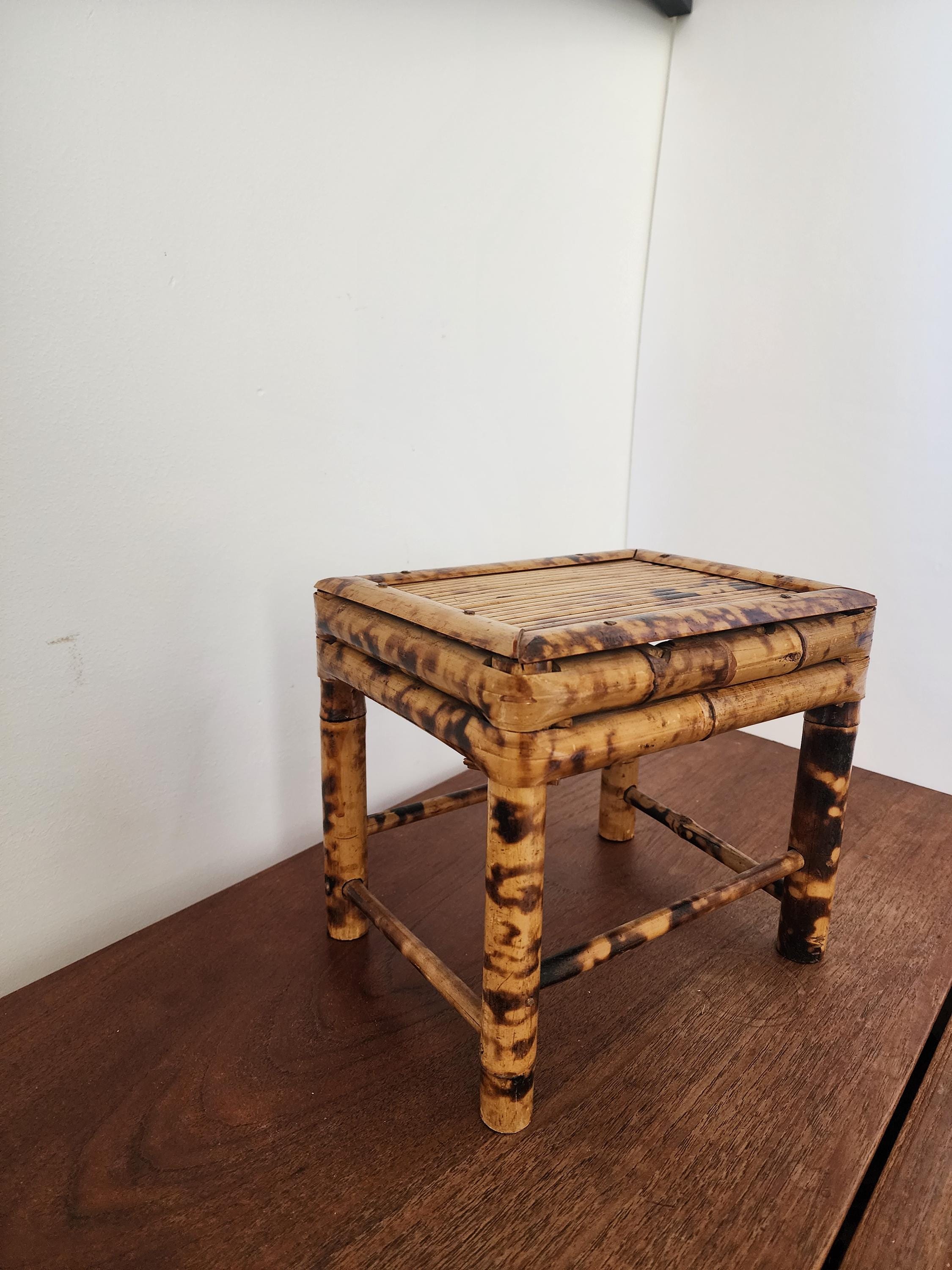 Vintage Tortoise Shell Bamboo Stool, Japanese Burnt Bamboo Riser, Wabi Sabi Display Stand, Organic Modern Boho Home Decor