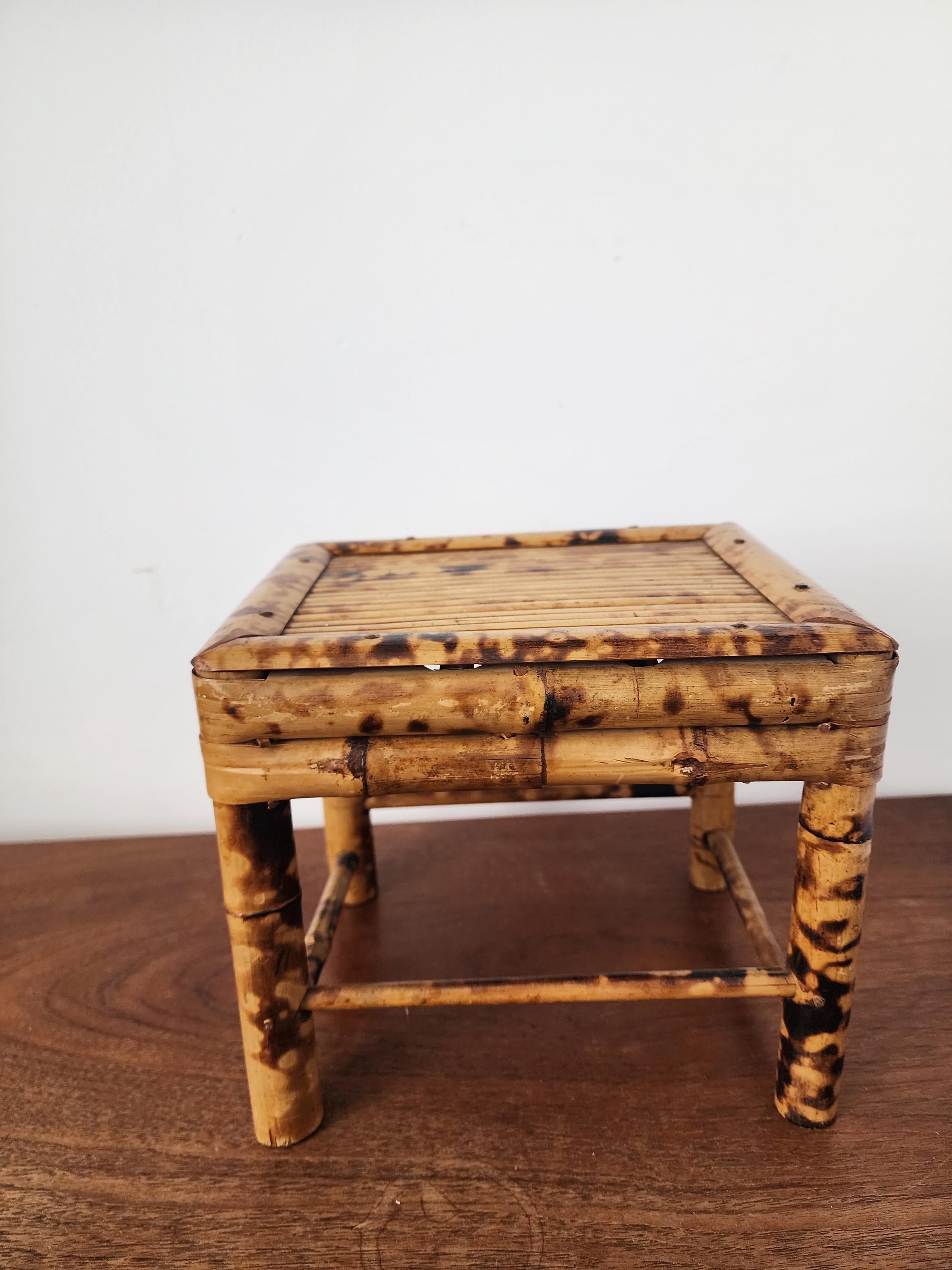 Vintage Tortoise Shell Bamboo Stool, Japanese Burnt Bamboo Riser, Wabi Sabi Display Stand, Organic Modern Boho Home Decor