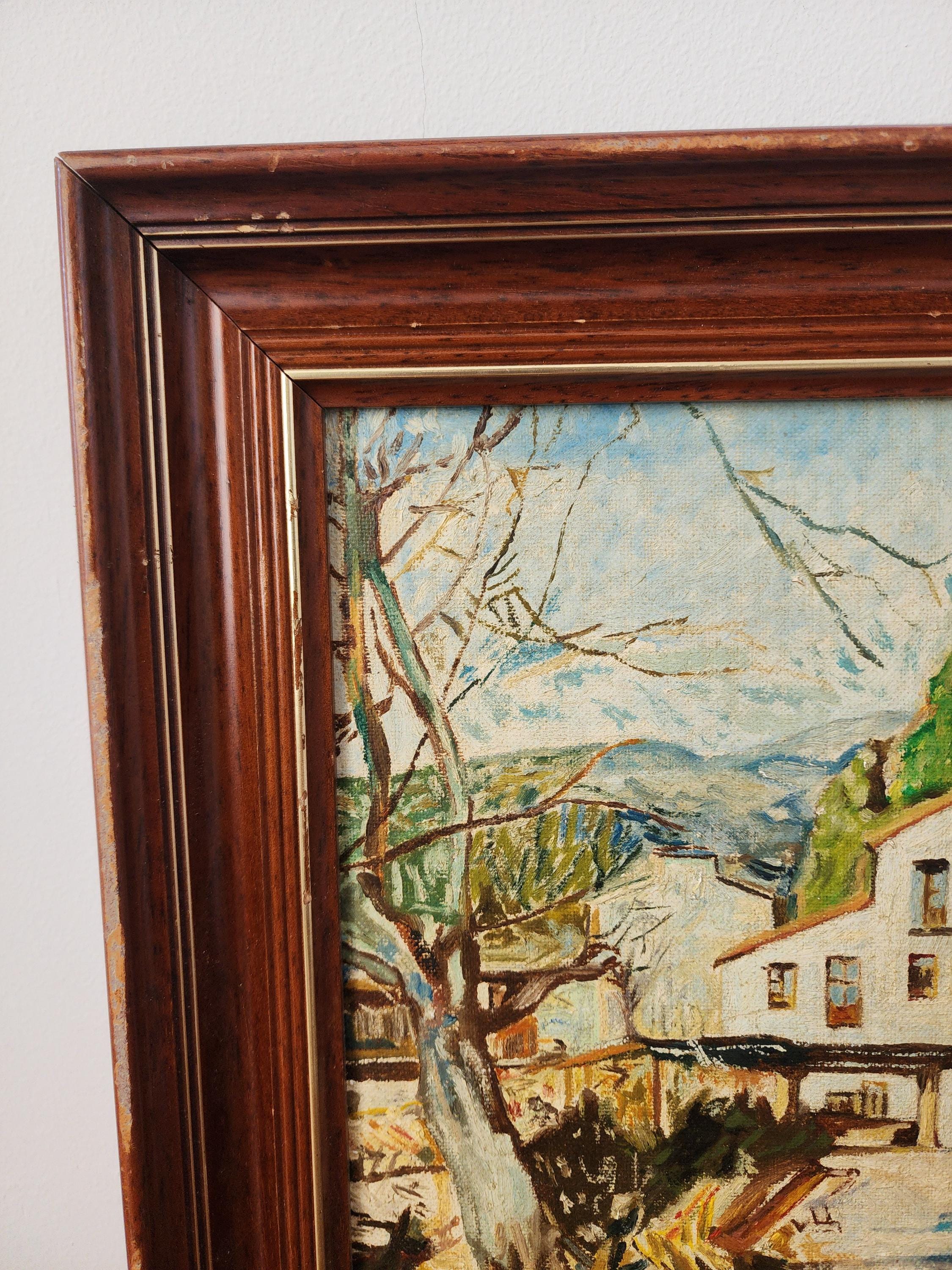 Vintage European Village Oil Painting, Framed Mid Century Landscape Art, Rustic Cottage Scene, Textured Wall Decor
