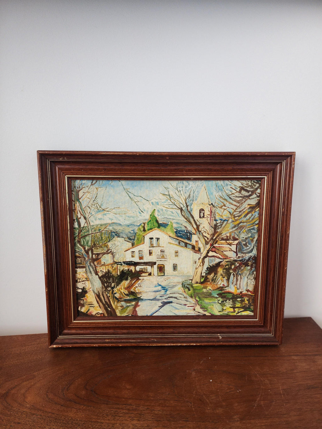 Vintage European Village Oil Painting, Framed Mid Century Landscape Art, Rustic Cottage Scene, Textured Wall Decor