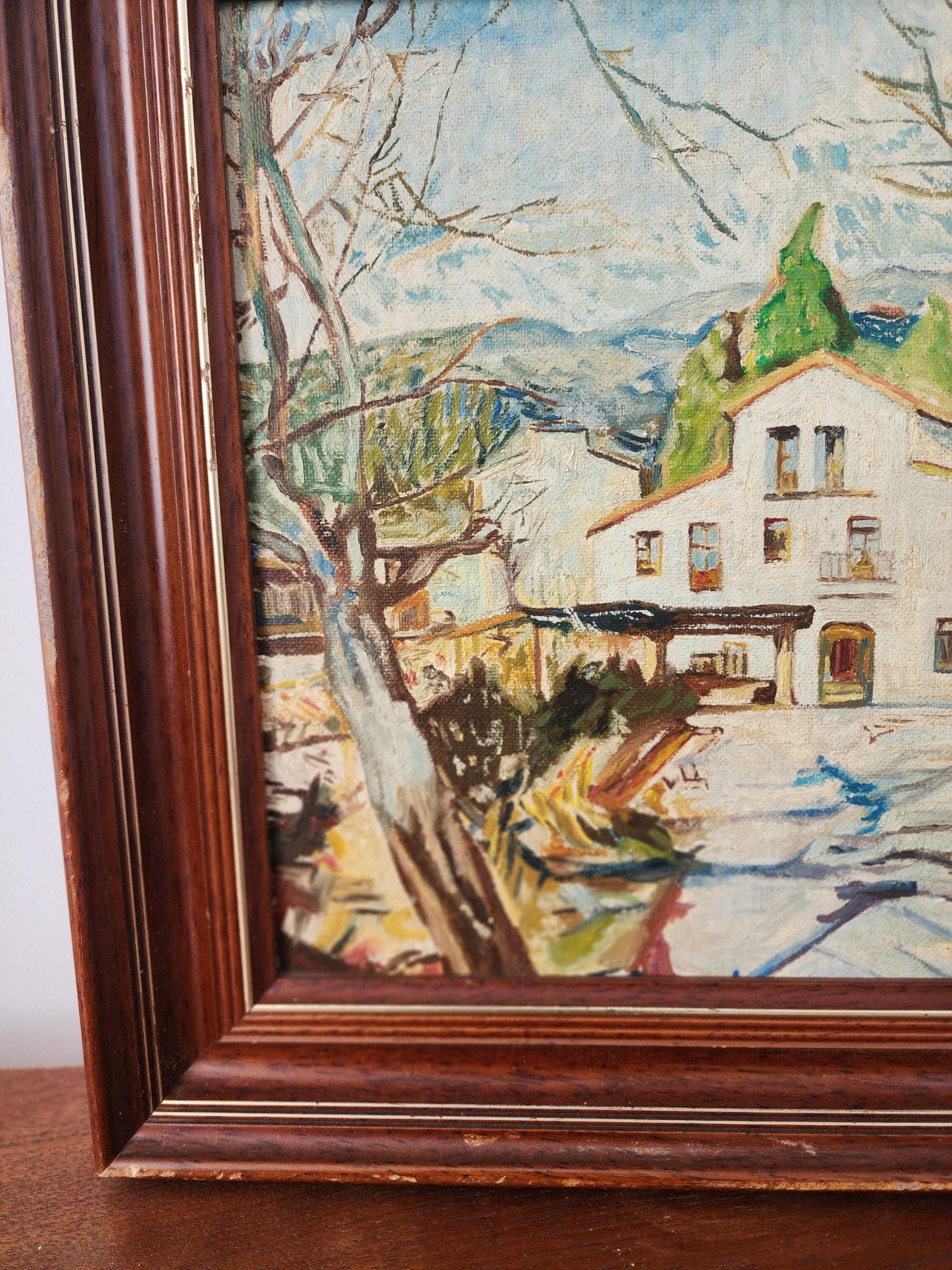 Vintage European Village Oil Painting, Framed Mid Century Landscape Art, Rustic Cottage Scene, Textured Wall Decor
