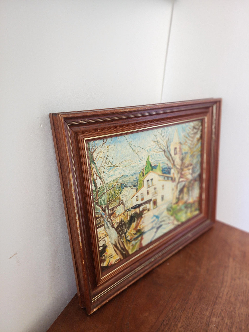 Vintage European Village Oil Painting, Framed Mid Century Landscape Art, Rustic Cottage Scene, Textured Wall Decor