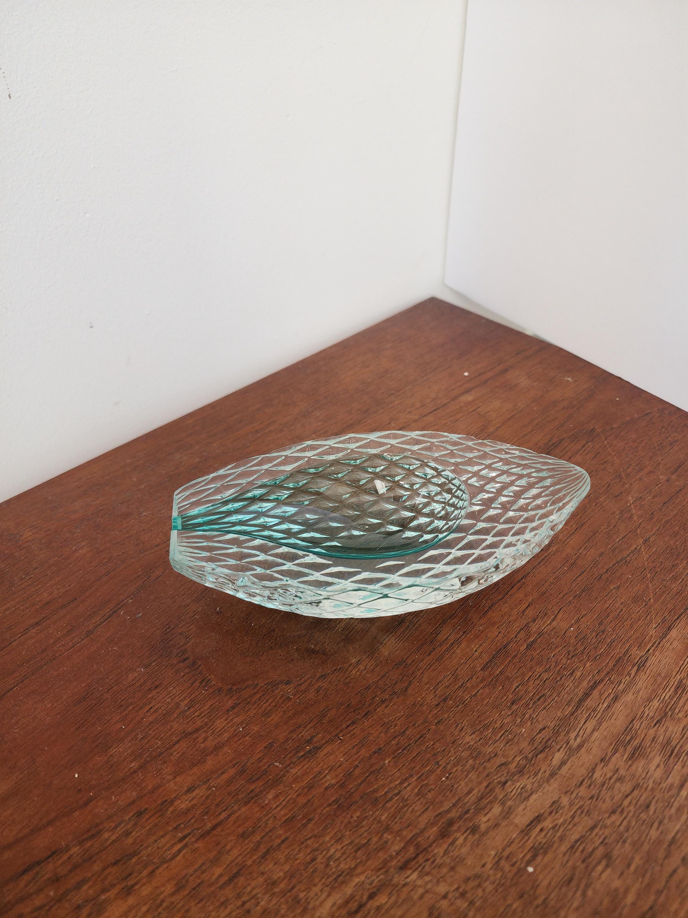 Vintage Aqua Pressed Glass Bowl, Mid Century Scandinavian Catchall Dish, Diamond Cut Glass Decor, Coastal Modern Accent