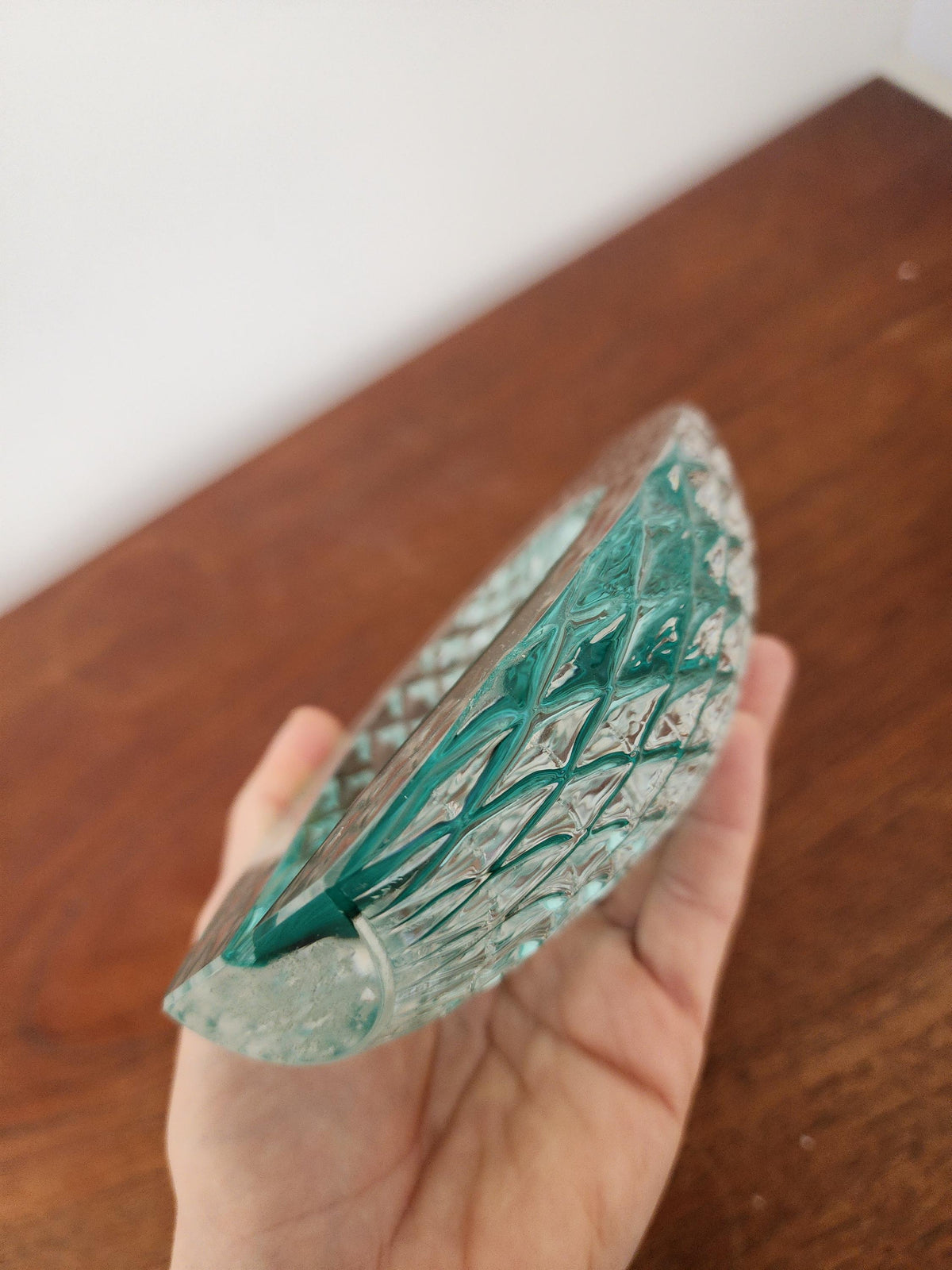 Vintage Aqua Pressed Glass Bowl, Mid Century Scandinavian Catchall Dish, Diamond Cut Glass Decor, Coastal Modern Accent