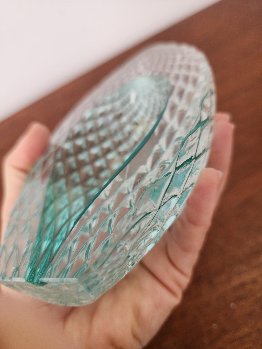 Vintage Aqua Pressed Glass Bowl, Mid Century Scandinavian Catchall Dish, Diamond Cut Glass Decor, Coastal Modern Accent