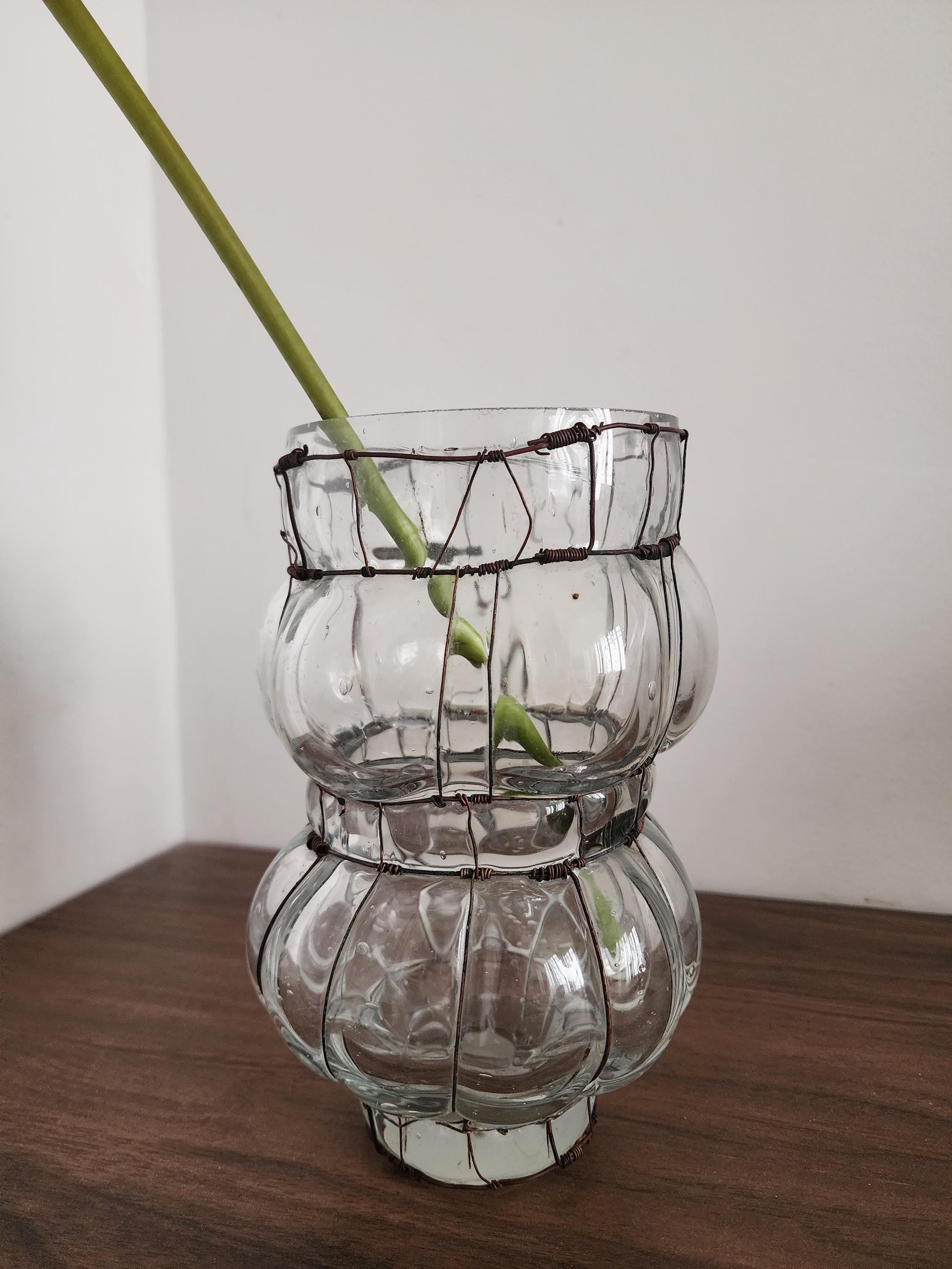 Hand Blown Glass Wire Sculpture, Vintage Clear Glass Vase, Ribbed Bubble Form, Rustic Wrapped Art Object, Decorative Accent Piece