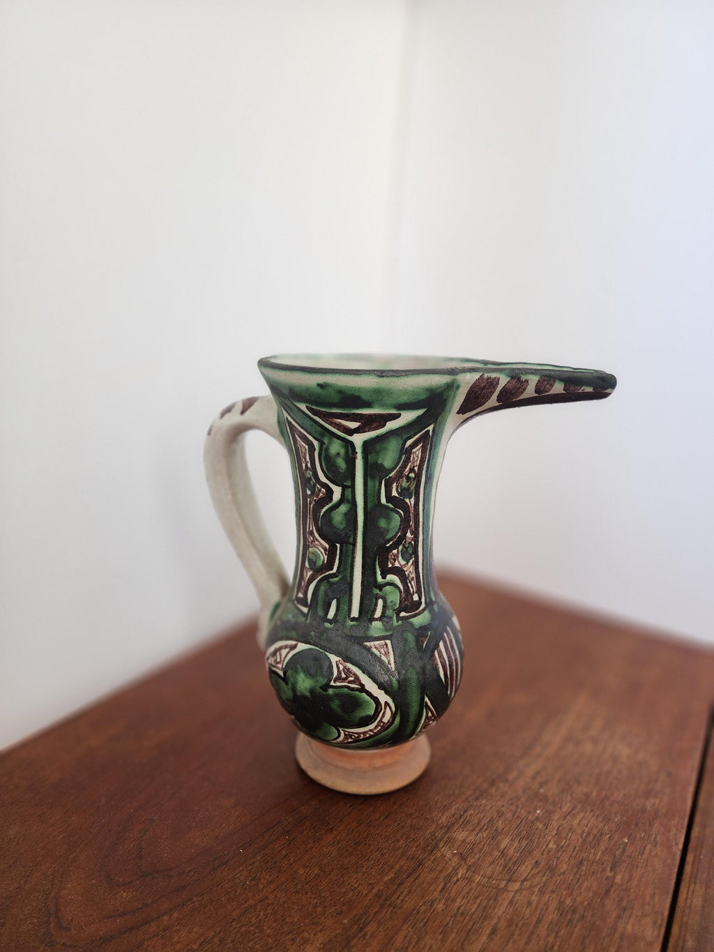 Vintage Punter Art Nouveau Pottery Pitcher, Hand Painted Green Terracotta Jug, Spanish Ceramic Vase, Collector Rustic Decor