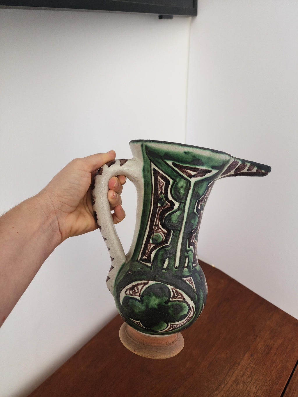 Vintage Punter Art Nouveau Pottery Pitcher, Hand Painted Green Terracotta Jug, Spanish Ceramic Vase, Collector Rustic Decor