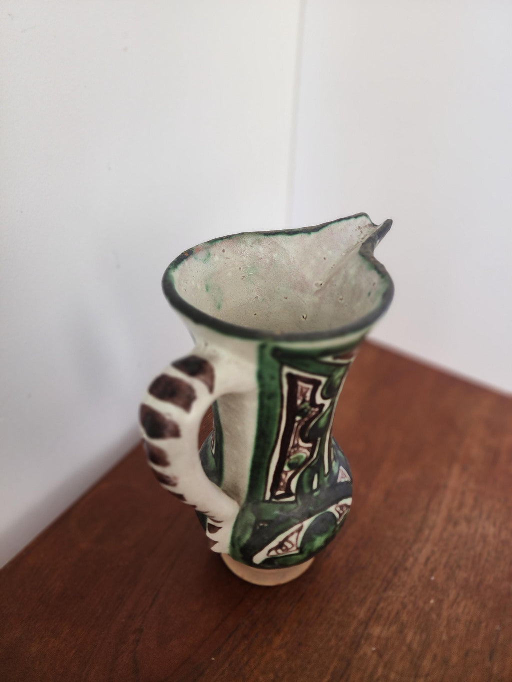 Vintage Punter Art Nouveau Pottery Pitcher, Hand Painted Green Terracotta Jug, Spanish Ceramic Vase, Collector Rustic Decor