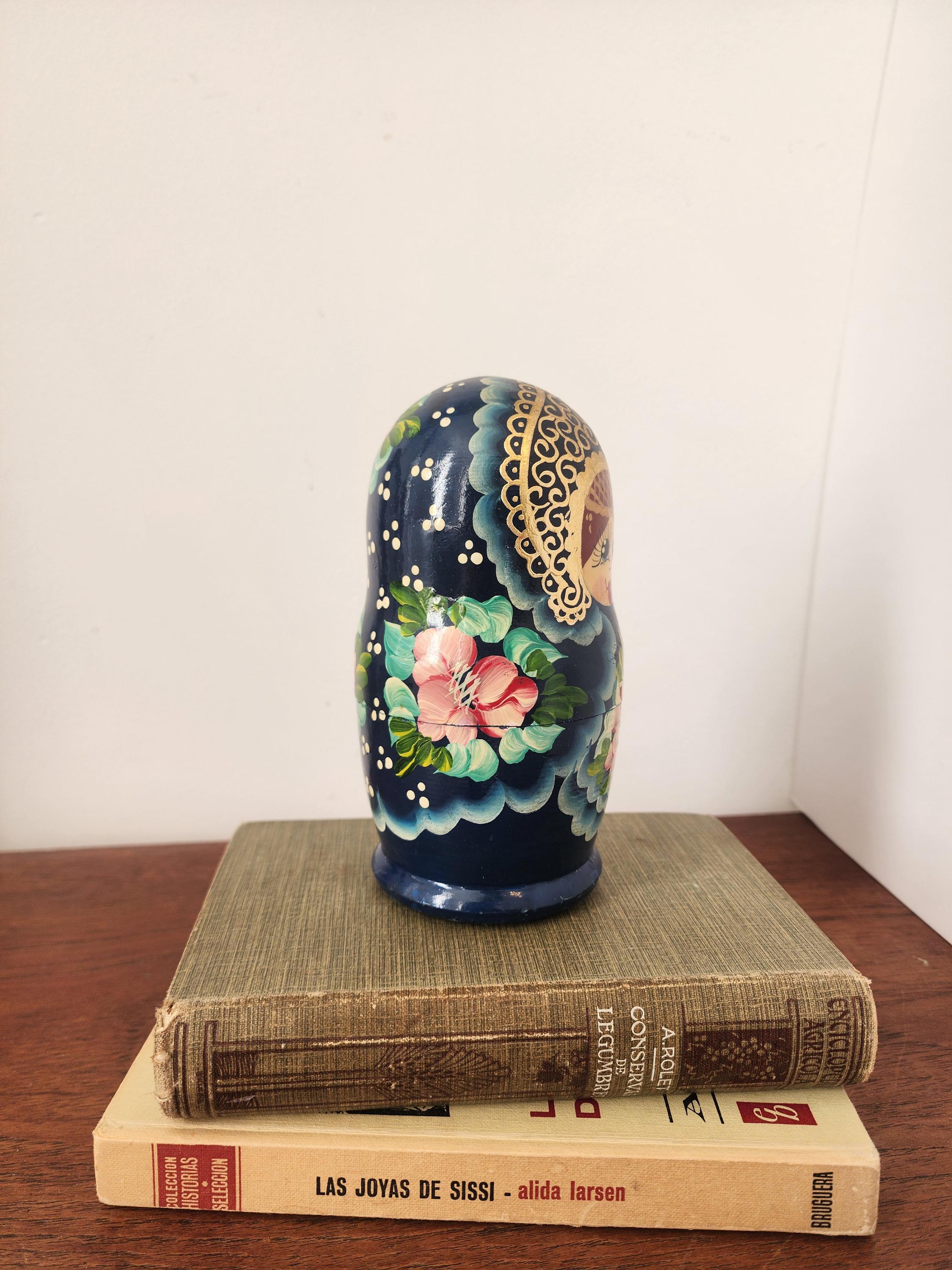 Vintage Blue Matryoshka Doll Set, 5 Piece Russian Nesting Dolls, Hand Painted Floral Babushka, Folk Art Collectible Decor