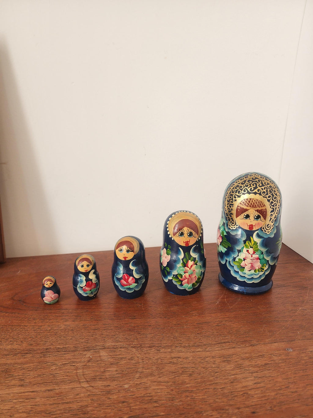 Vintage Blue Matryoshka Doll Set, 5 Piece Russian Nesting Dolls, Hand Painted Floral Babushka, Folk Art Collectible Decor