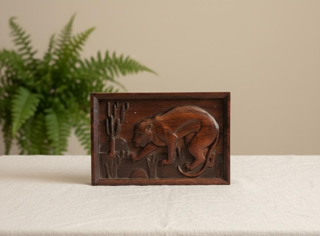 Vintage Hand Carved Wood Panther Relief
