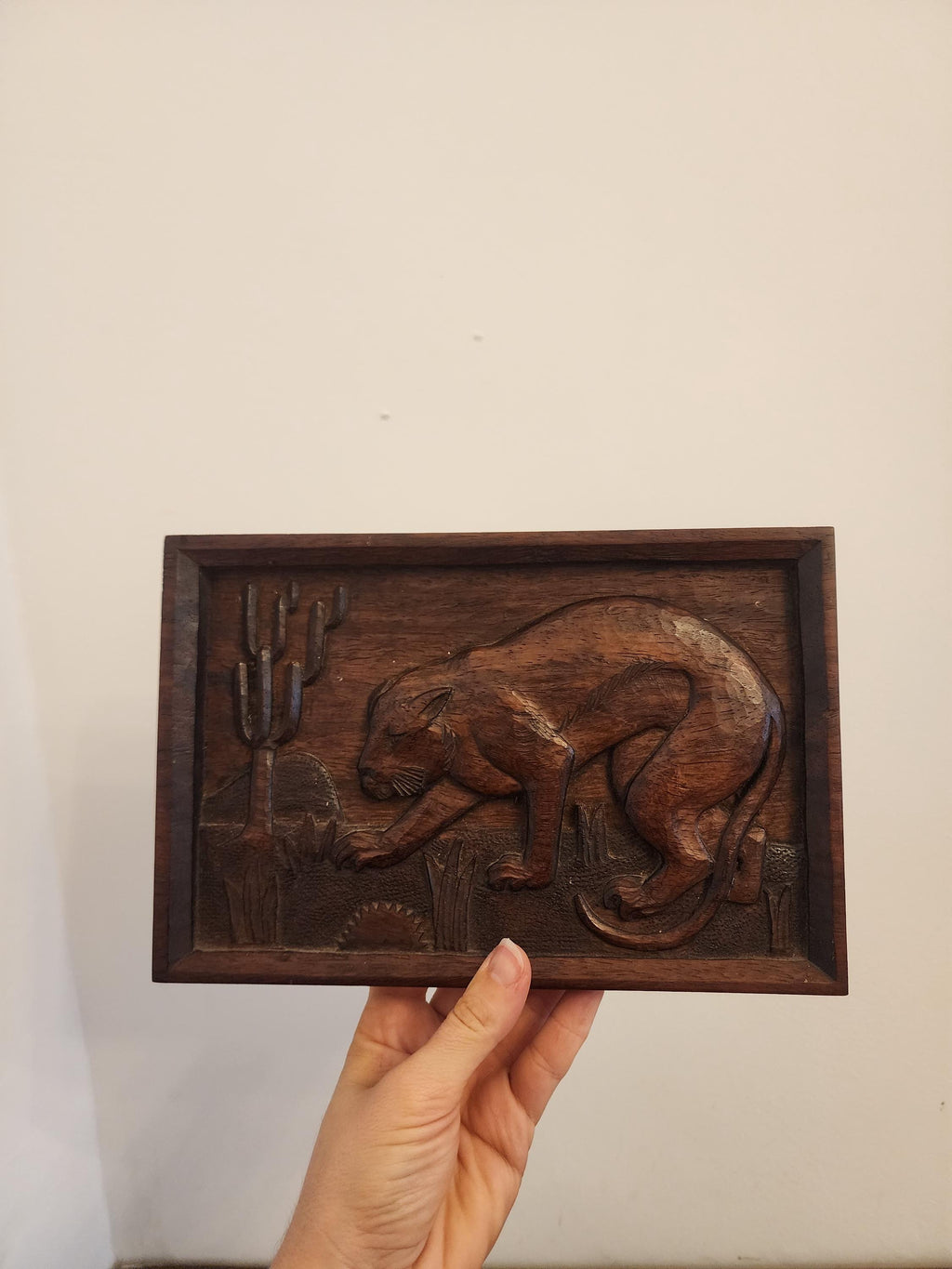 Vintage Hand Carved Wood Panther Relief, Mid Century Wall Art, Rustic Animal Plaque, Jungle Decor, Folk Art Wall Hanging