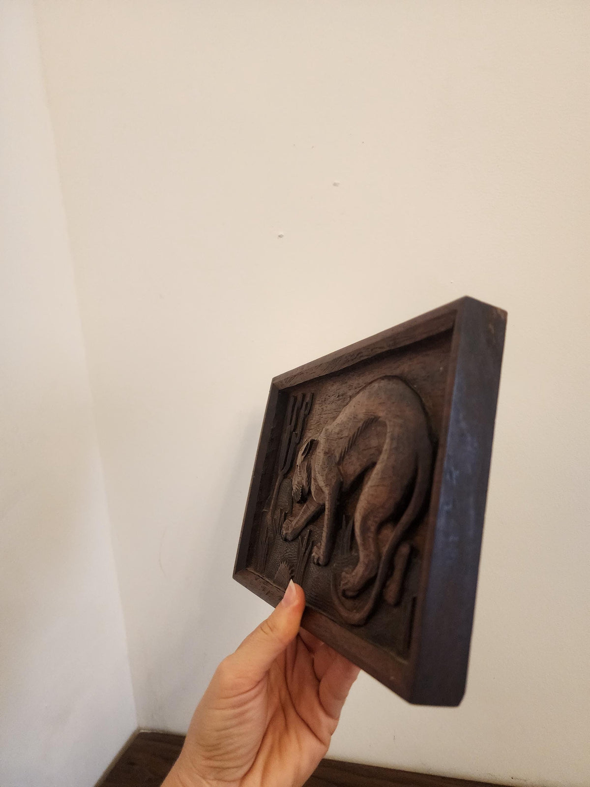 Vintage Hand Carved Wood Panther Relief, Mid Century Wall Art, Rustic Animal Plaque, Jungle Decor, Folk Art Wall Hanging