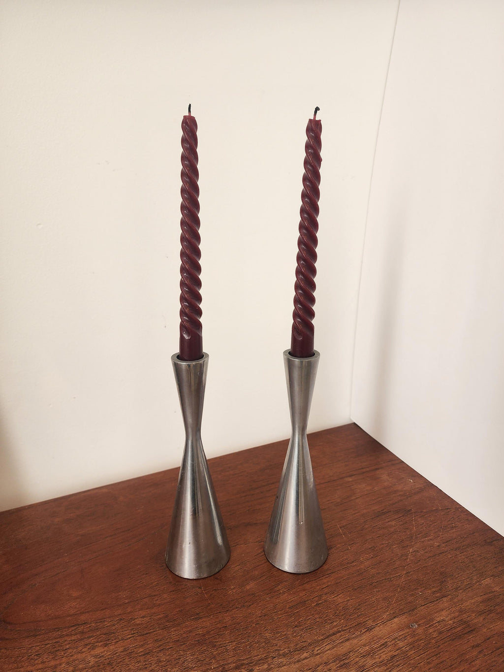 Heavy Modernist Metal Candlestick Holders, Brushed Silver Taper Stands, Heavy Sculptural Candle Holders Pair, Contemporary Table Decor