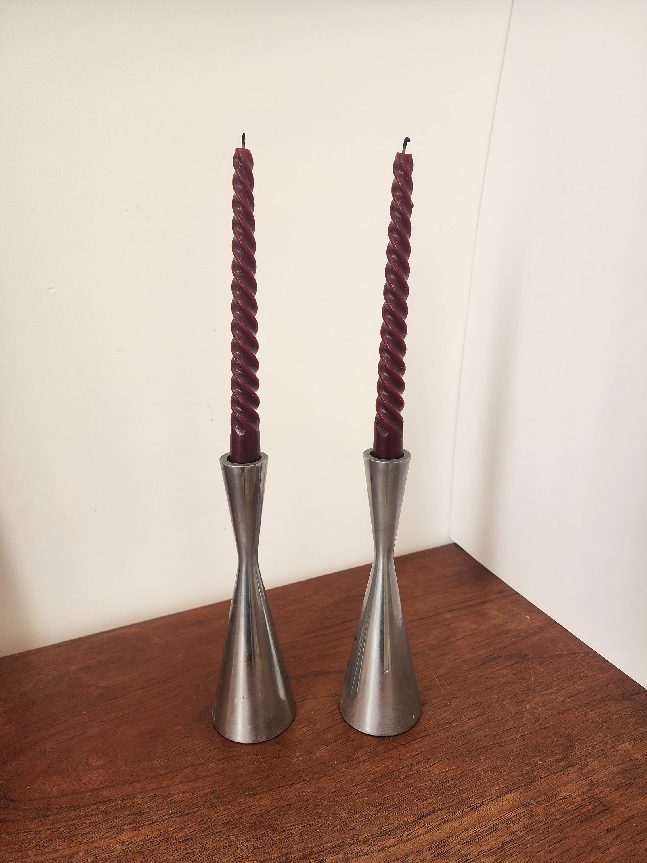 Heavy Modernist Metal Candlestick Holders, Brushed Silver Taper Stands, Heavy Sculptural Candle Holders Pair, Contemporary Table Decor