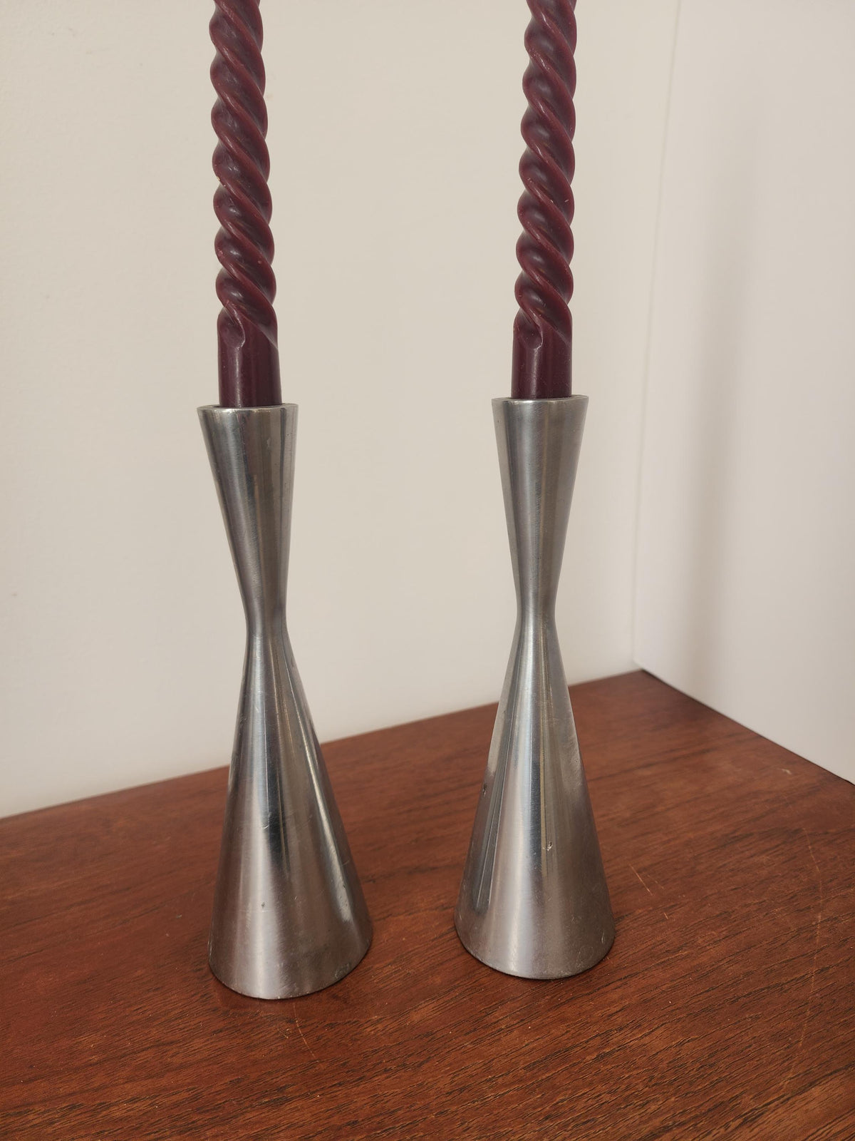 Heavy Modernist Metal Candlestick Holders, Brushed Silver Taper Stands, Heavy Sculptural Candle Holders Pair, Contemporary Table Decor