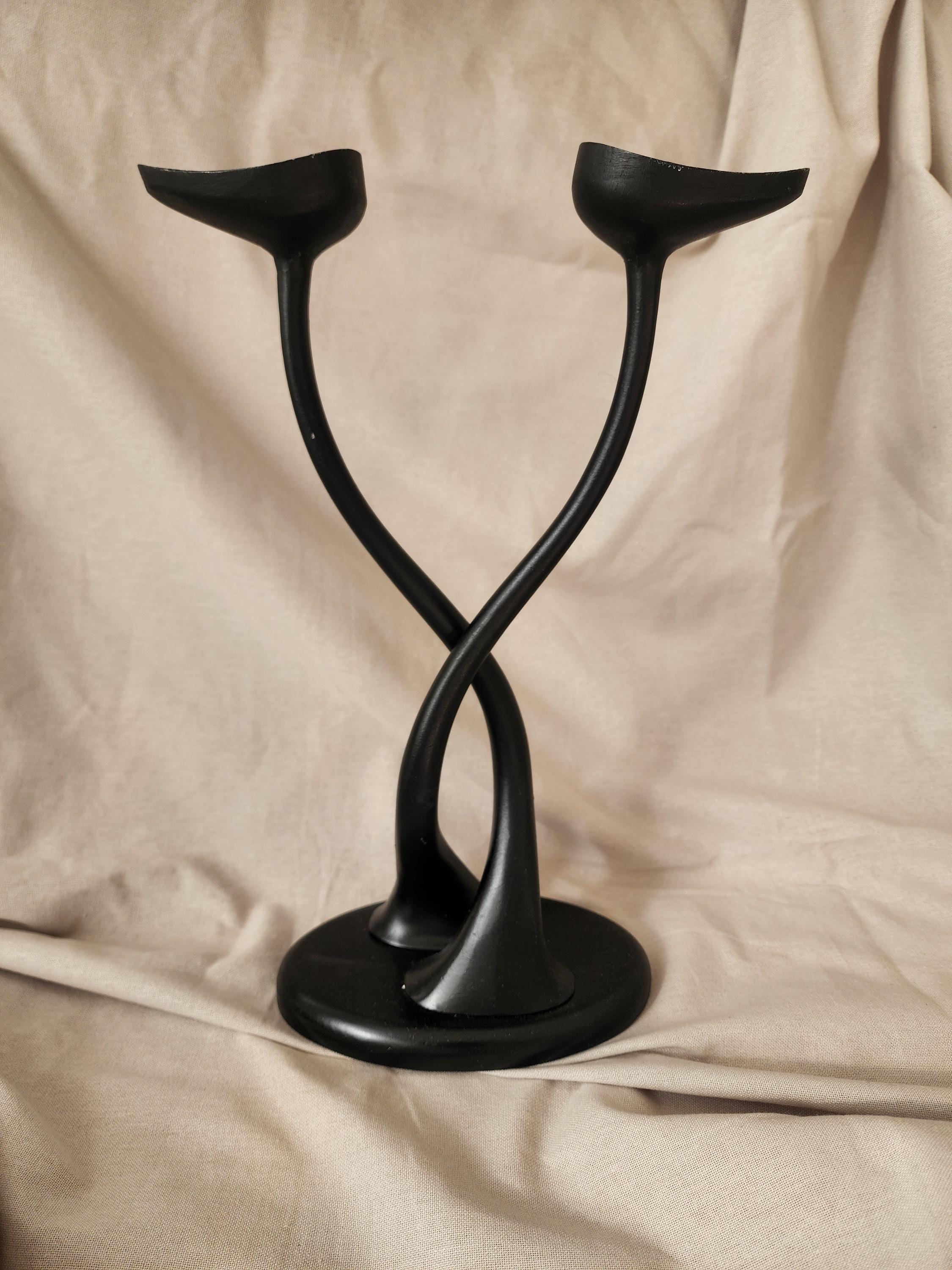Black Metal Sculptural Candle Holder, Welch Stamped Double Arm Candlestick, Heavy Modernist Centerpiece, MCM Black Decor