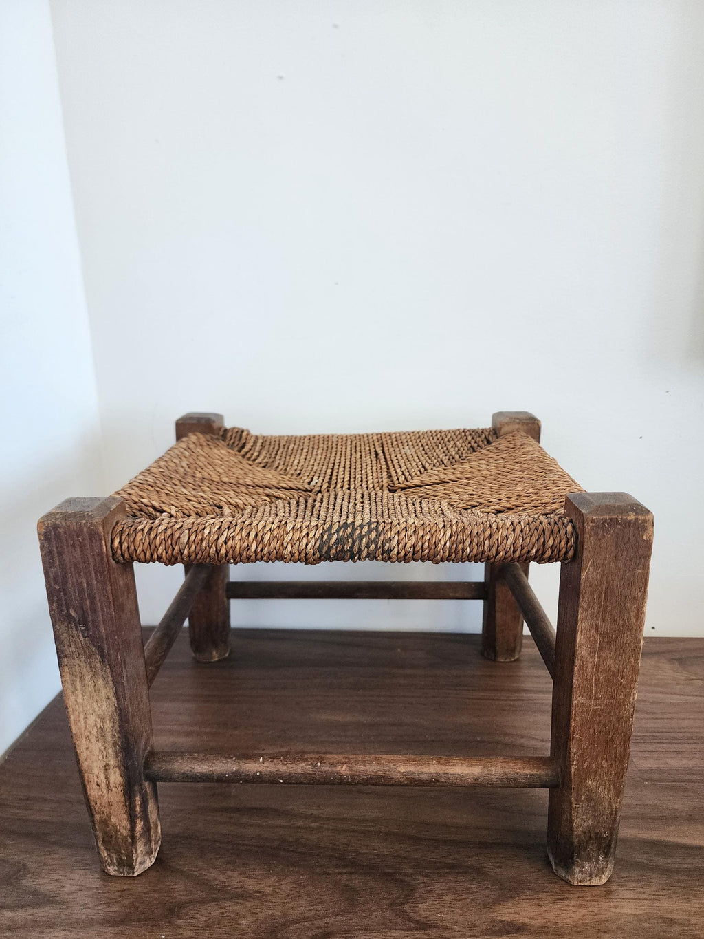 Rustic Woven Stool, Vintage Wood Footstool, Small Farmhouse Stool, Natural Wicker Seat, Country Cottage Decor