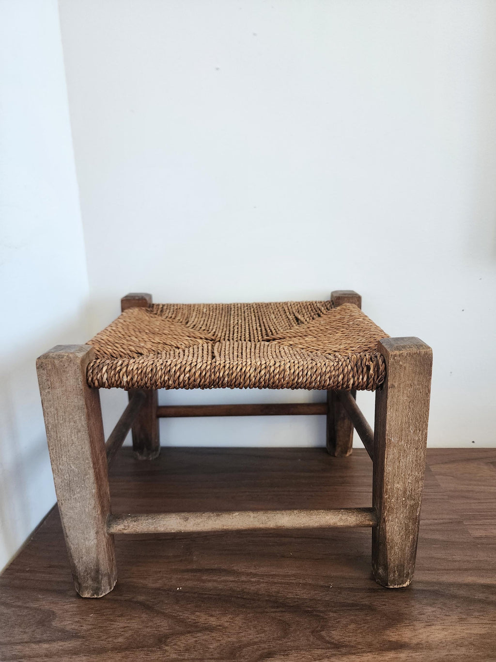 Rustic Woven Stool, Vintage Wood Footstool, Small Farmhouse Stool, Natural Wicker Seat, Country Cottage Decor