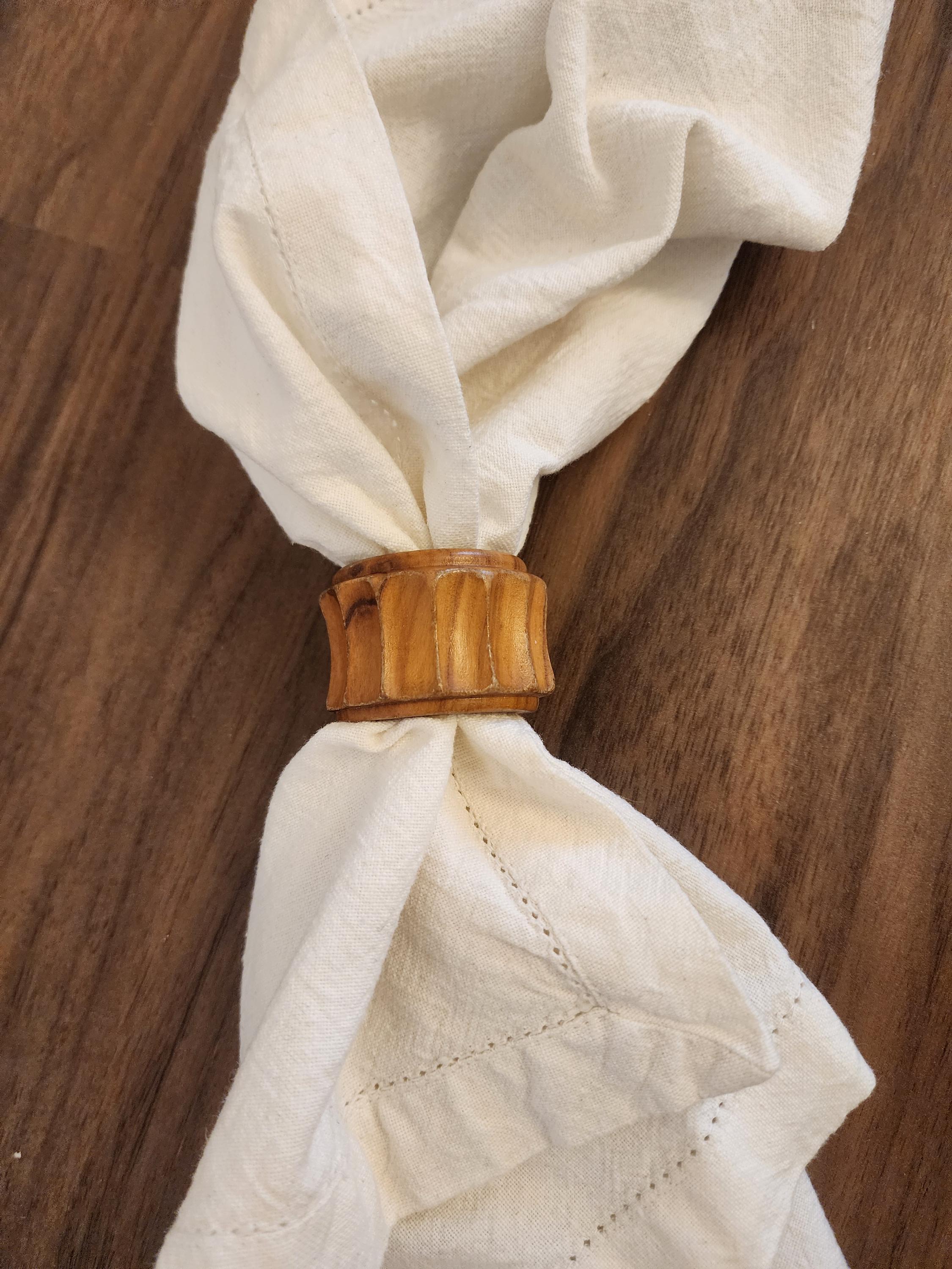 Set of 6 Vintage Carved Wooden Napkin Rings, Mid Century Modern Table Decor, Natural Teak Style Fluted Design, Rustic Dining Accessories