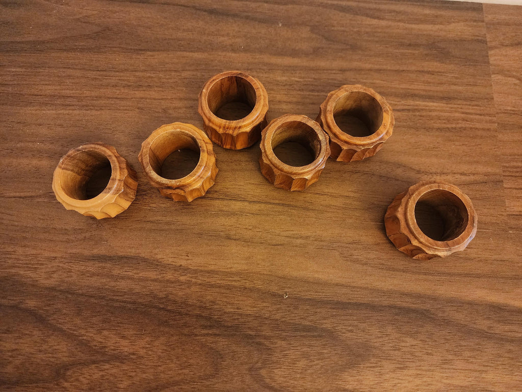 Set of 6 Vintage Carved Wooden Napkin Rings, Mid Century Modern Table Decor, Natural Teak Style Fluted Design, Rustic Dining Accessories