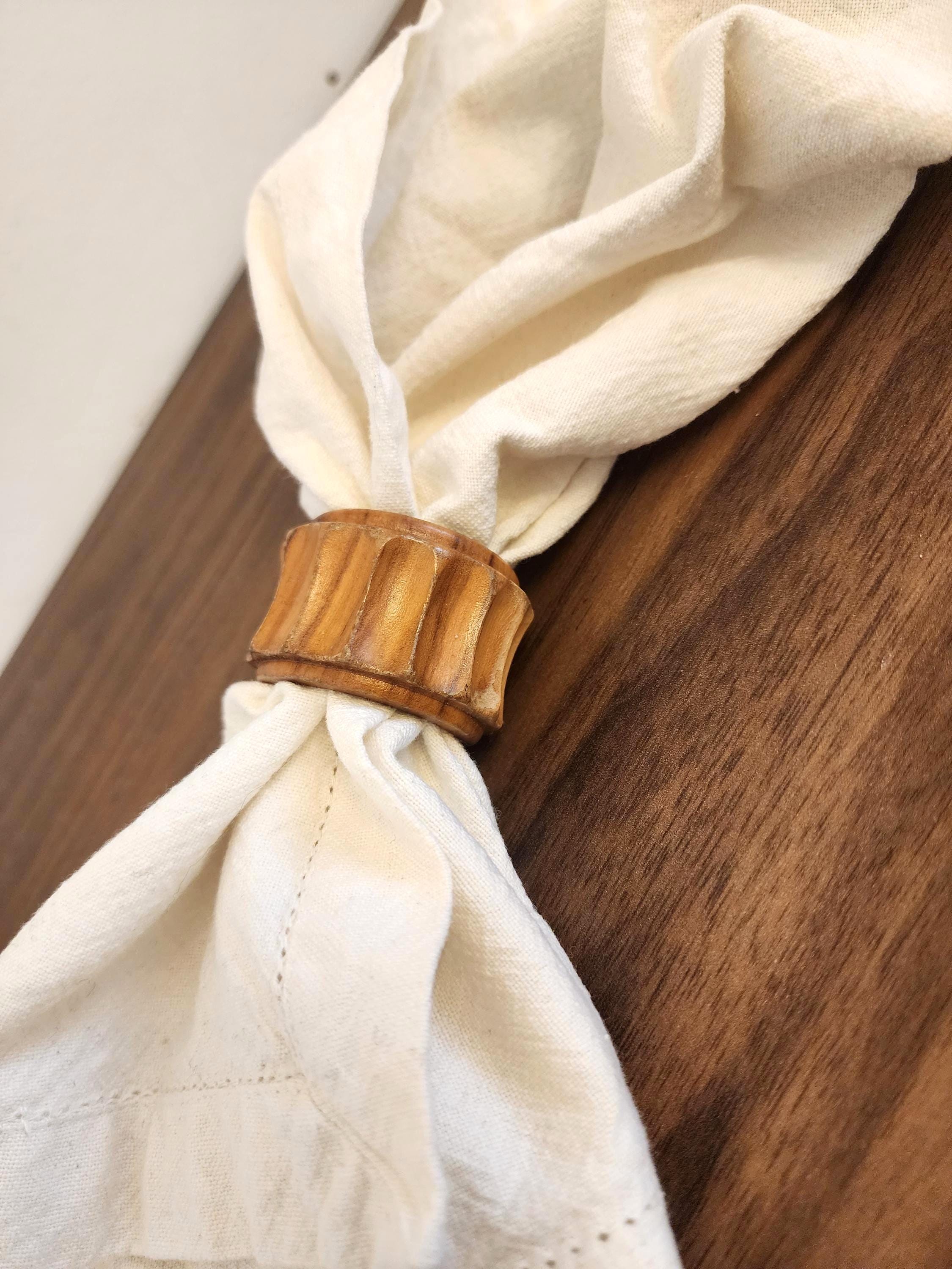 Set of 6 Vintage Carved Wooden Napkin Rings, Mid Century Modern Table Decor, Natural Teak Style Fluted Design, Rustic Dining Accessories