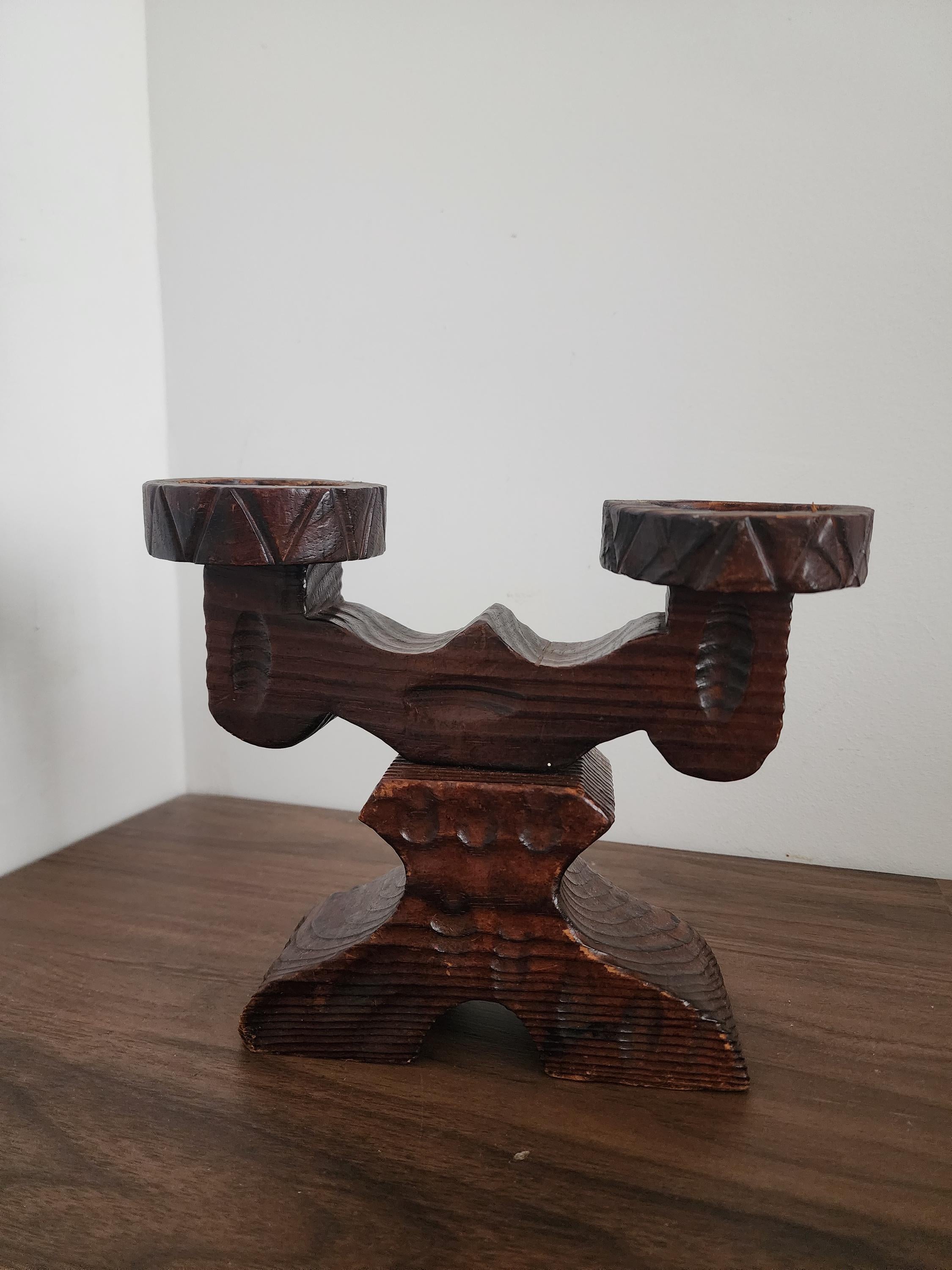 Spanish Wooden Candelabra, Hand Carved Double Candle Holder, Rustic Folk Art Decor, Vintage Wood Candle Stand