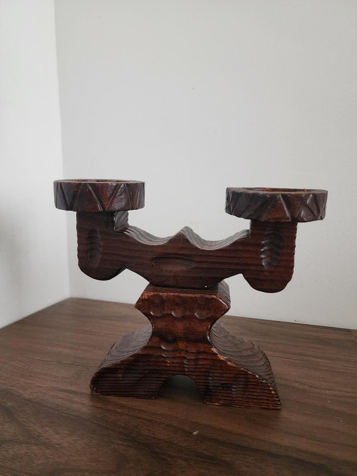 Spanish Wooden Candelabra, Hand Carved Double Candle Holder, Rustic Folk Art Decor, Vintage Wood Candle Stand