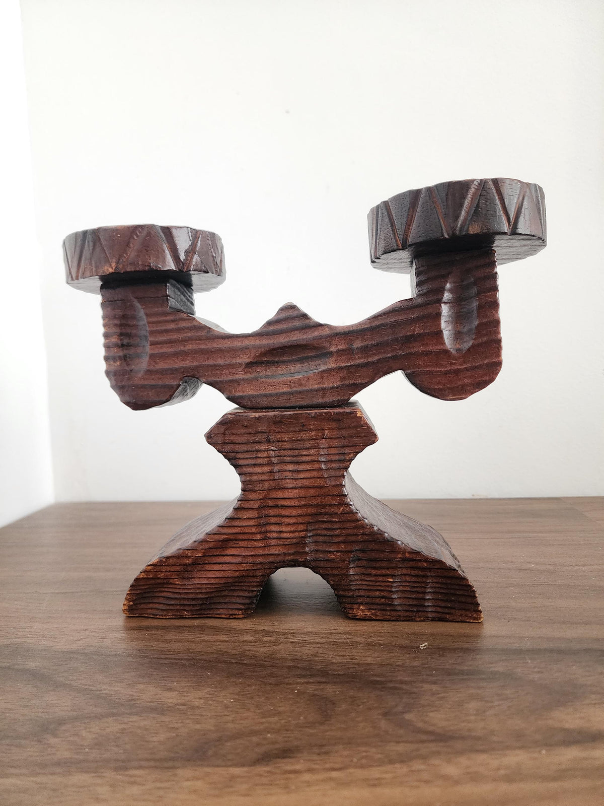 Spanish Wooden Candelabra, Hand Carved Double Candle Holder, Rustic Folk Art Decor, Vintage Wood Candle Stand