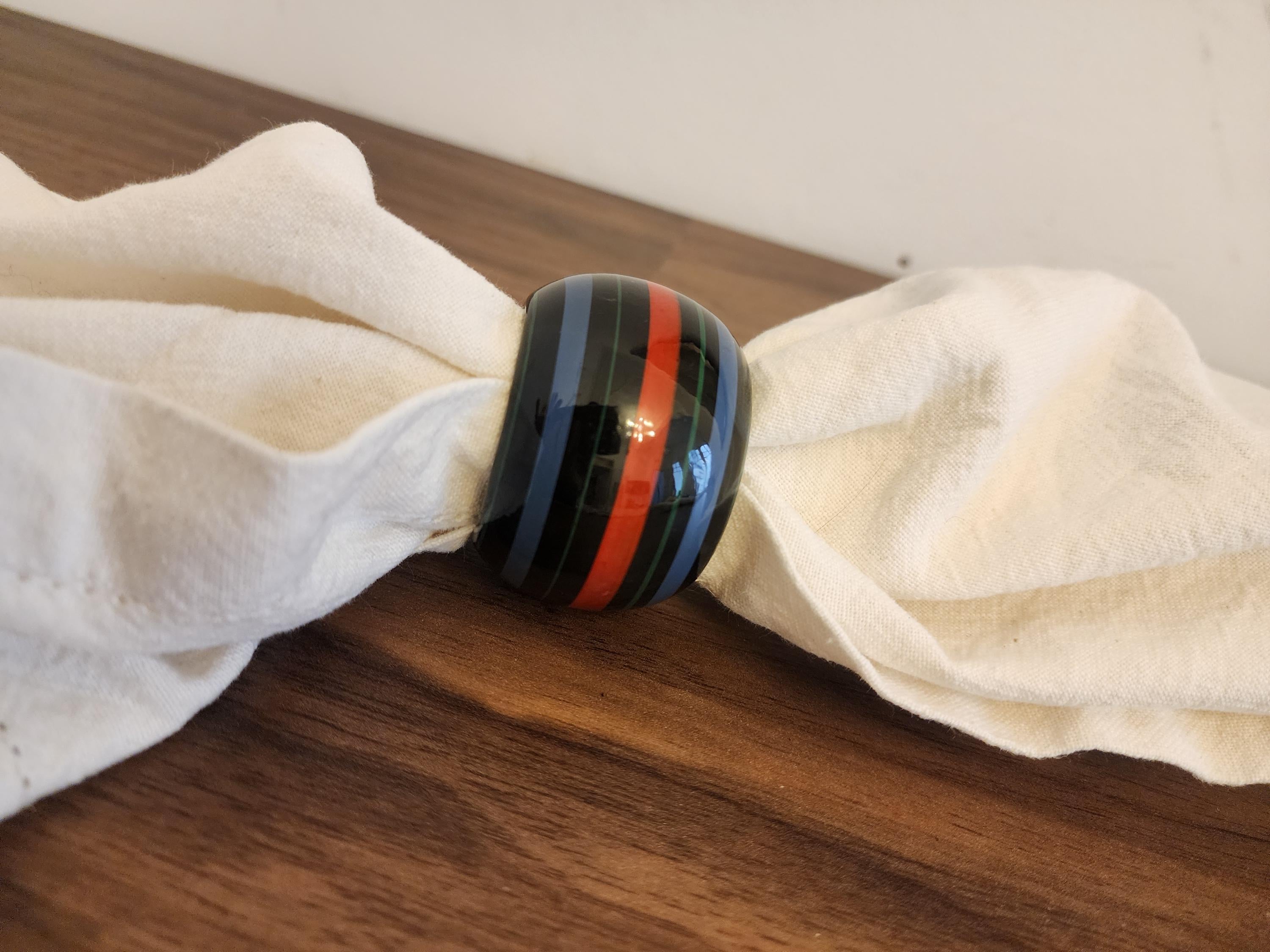 Set of 4 Vintage Hand Painted Lacquer Napkin Rings, Black with Red Blue Green Stripes, Retro Mid Century Modern Dining Table Decor