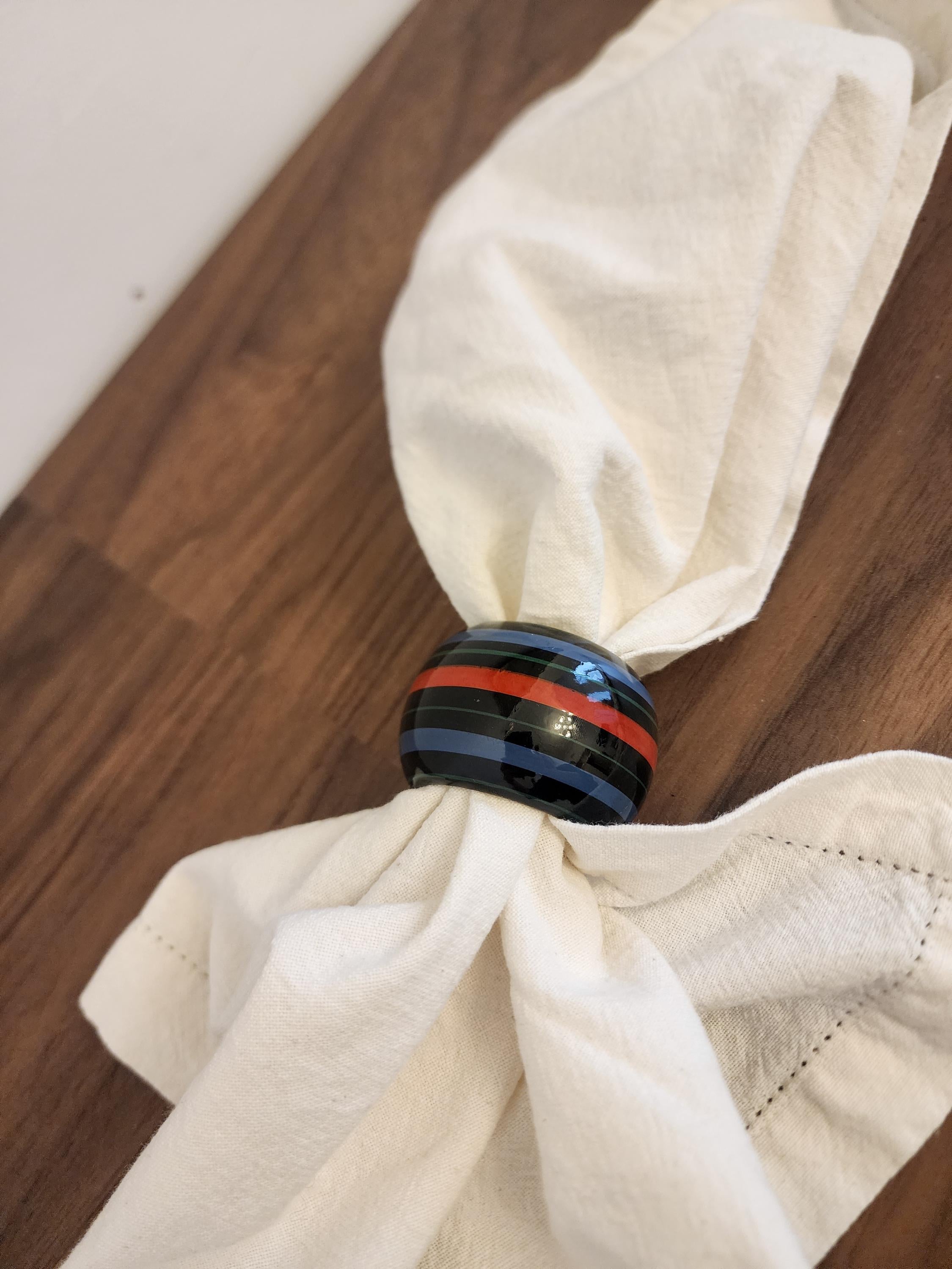 Set of 4 Vintage Hand Painted Lacquer Napkin Rings, Black with Red Blue Green Stripes, Retro Mid Century Modern Dining Table Decor