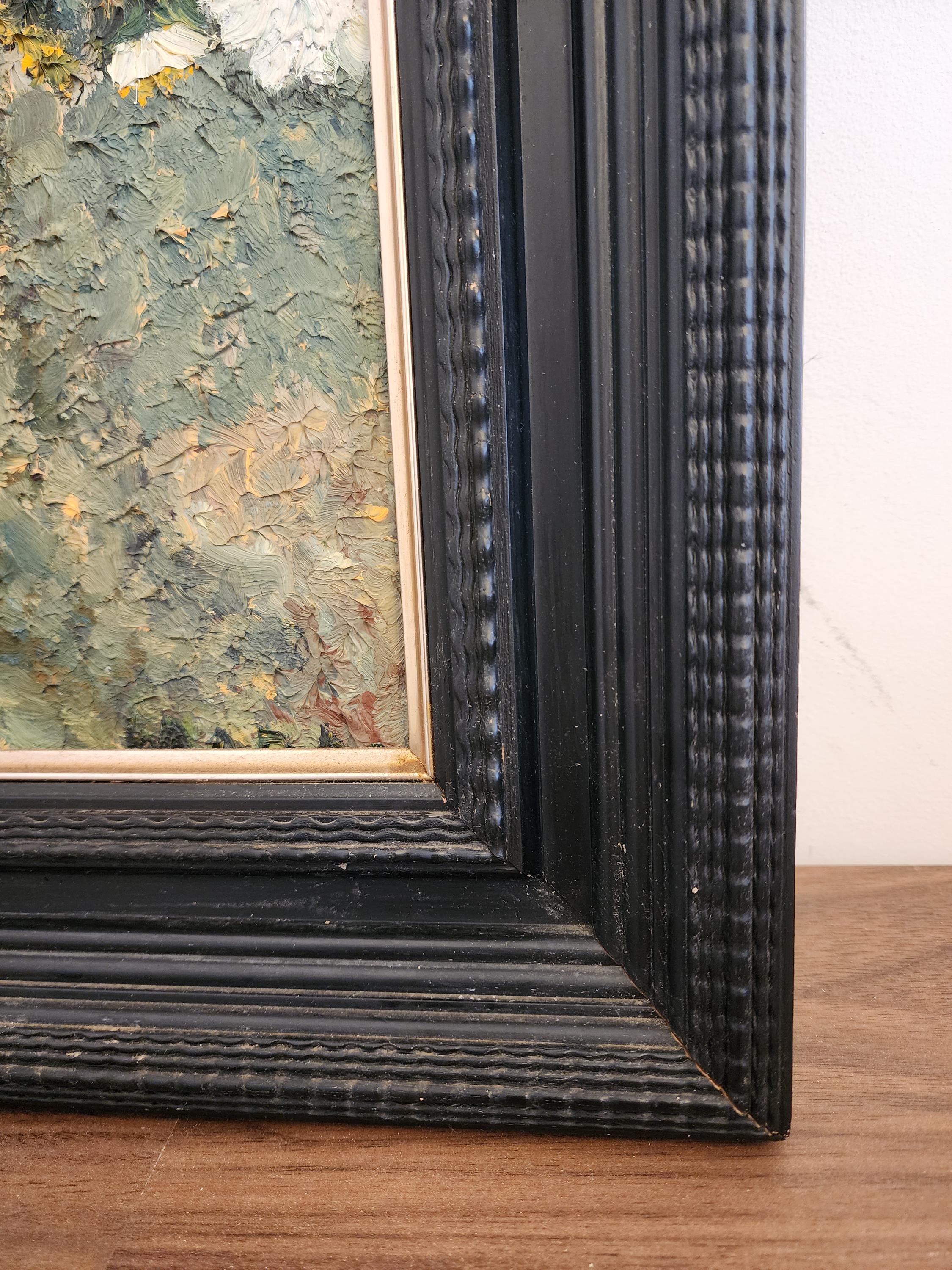 Vintage Floral Oil Painting in Black Wooden Frame – Textured Daisy Artwork, Still Life Wall Art, 20.5x24”, Cottagecore Home Decor