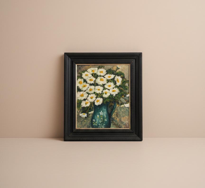 Vintage Floral Oil Painting in Black Wooden Frame, Textured Daisy Artwork