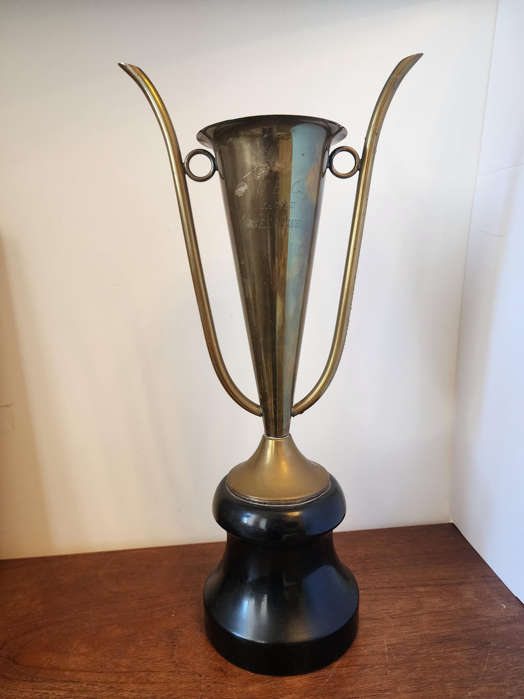 Vintage Brass Trophy with Black Turned Wood Base – Mid Century Decorative Award Sculpture, Collectible Statement Decor, 17.5” Tall