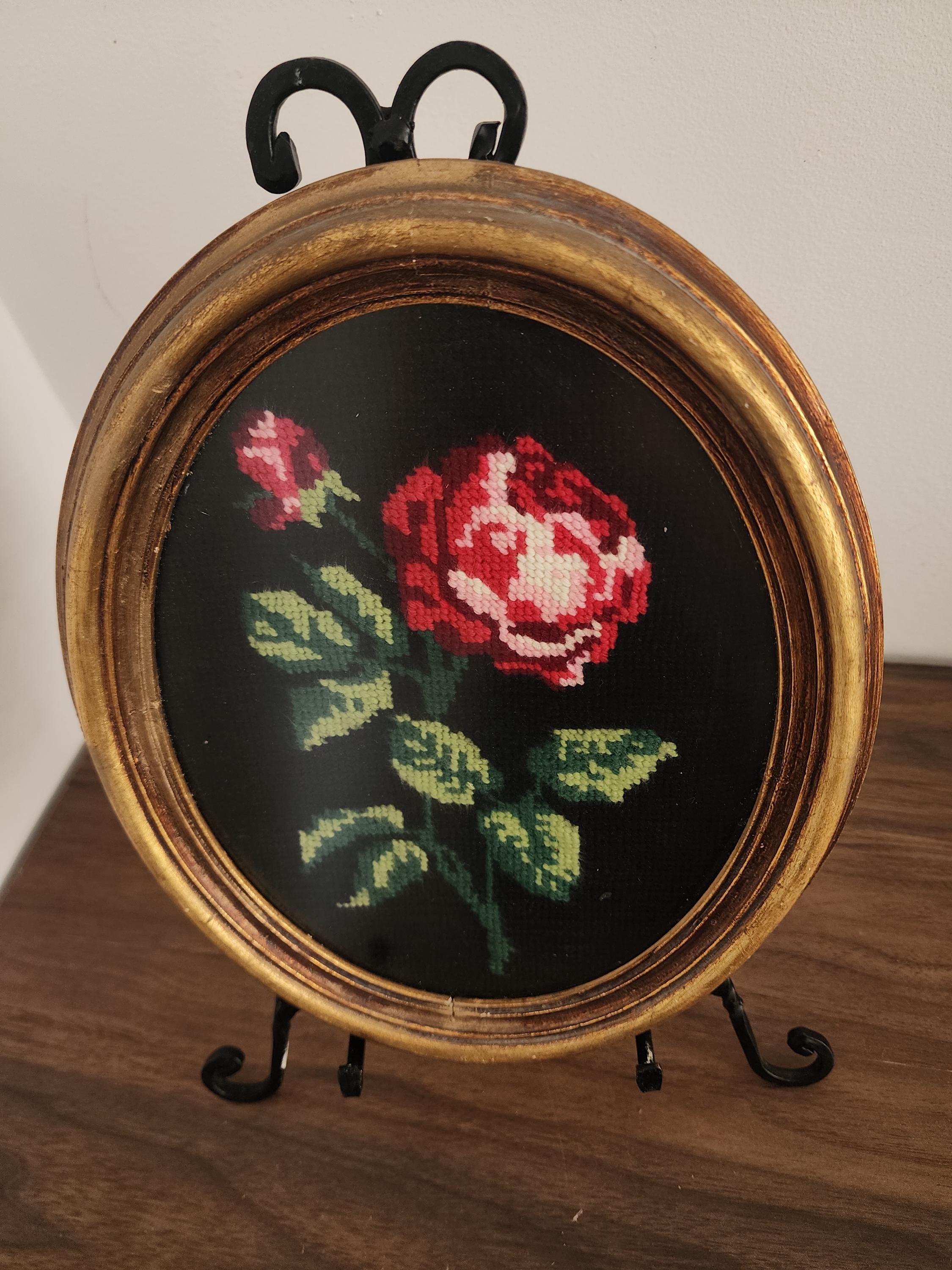 Vintage Rose Needlepoint Art – Oval Floral Embroidery Wall Decor in Gilded Frame – Romantic Cottagecore Wall Hanging – 11x8.5"