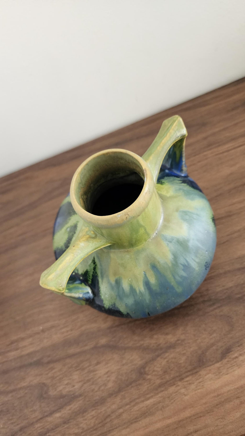 Gilbert Méténier Signed Vase – Blue Green Drip Glaze Art Pottery – Twin Handle French Studio Ceramic – 6.5" Sculptural Vintage Vessel
