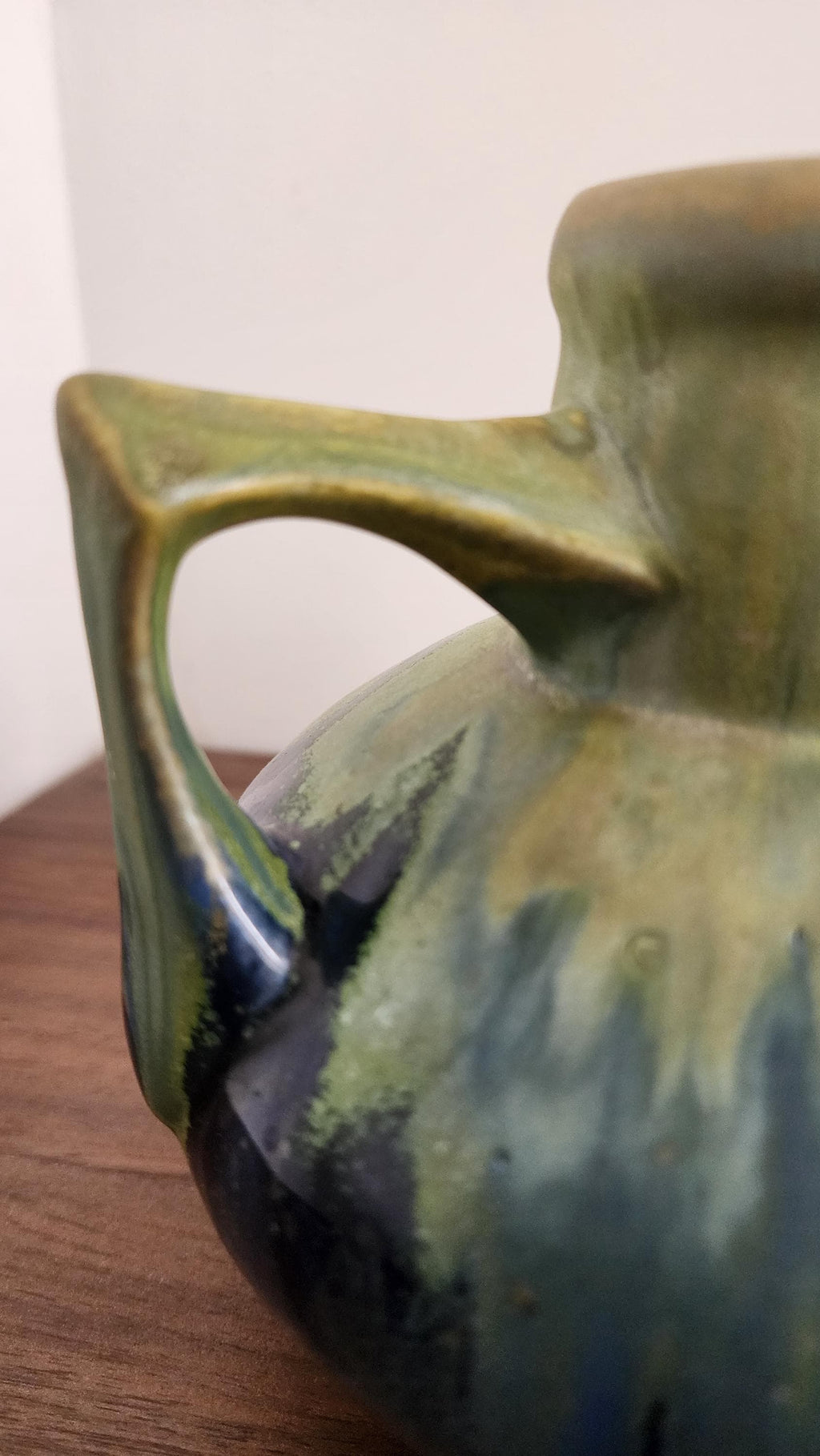 Gilbert Méténier Signed Vase – Blue Green Drip Glaze Art Pottery – Twin Handle French Studio Ceramic – 6.5" Sculptural Vintage Vessel