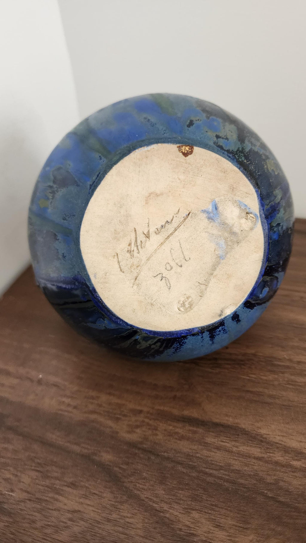 Gilbert Méténier Signed Vase – Blue Green Drip Glaze Art Pottery – Twin Handle French Studio Ceramic – 6.5" Sculptural Vintage Vessel