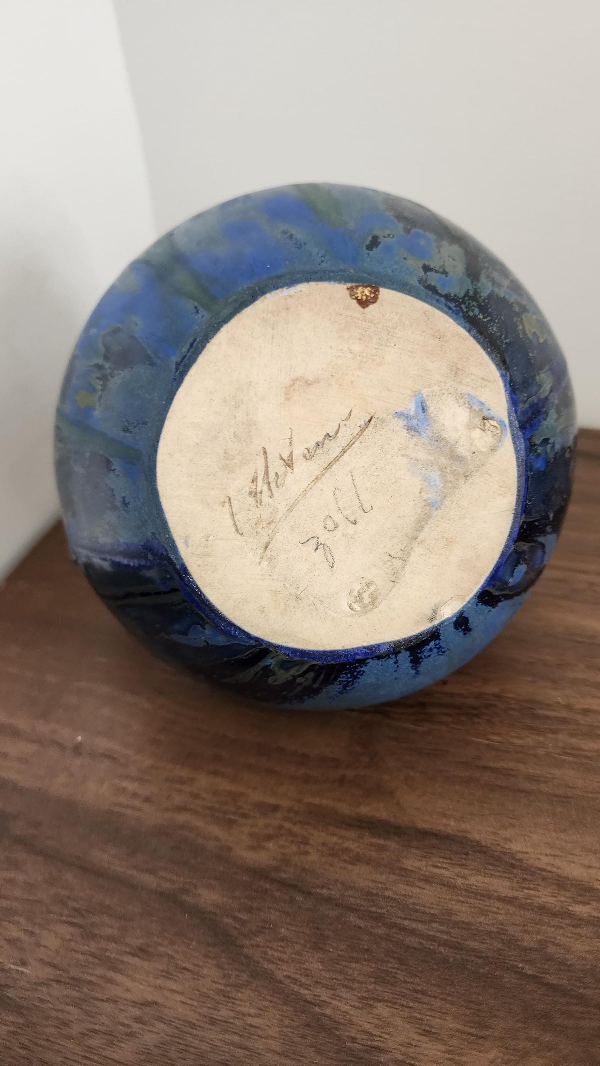 Gilbert Méténier Signed Vase – Blue Green Drip Glaze Art Pottery – Twin Handle French Studio Ceramic – 6.5" Sculptural Vintage Vessel