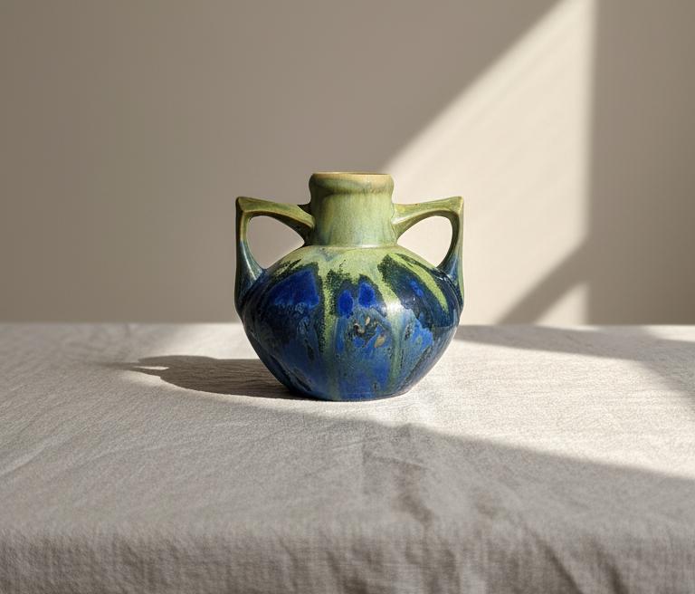 Gilbert Méténier Signed Vase, Blue Green Drip Glaze Art Pottery, Twin Handle French Studio Ceramic, 6.5" Sculptural Vintage V