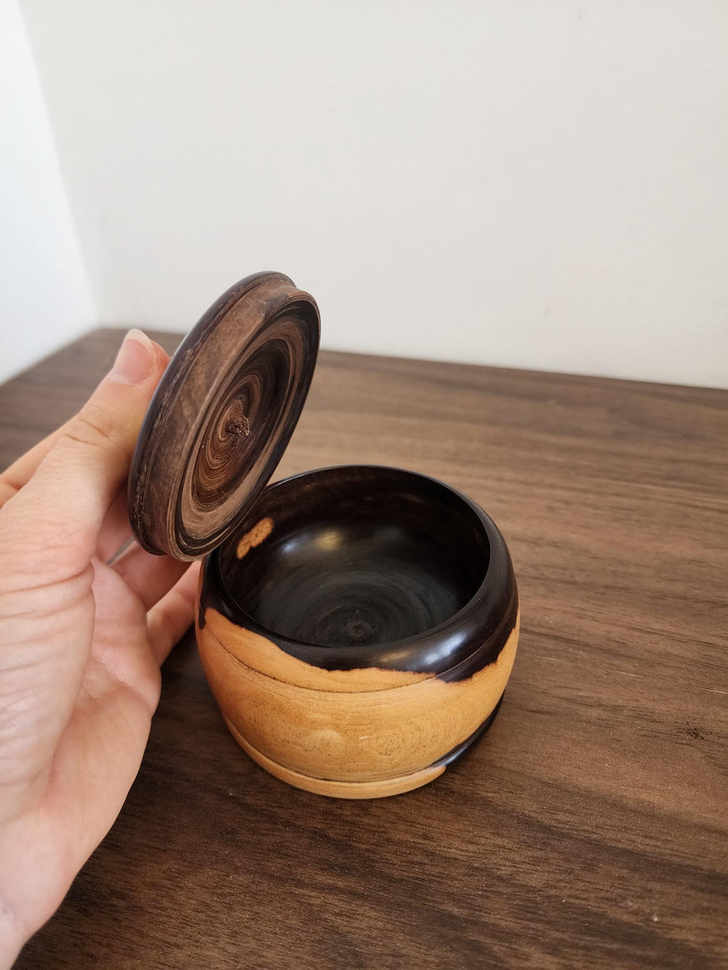 Turned Wood Lidded Pot, Vintage Wooden Trinket Box, Wabi Sabi Rustic Storage Jar, Handcrafted Wood Container, Small Boho Decor