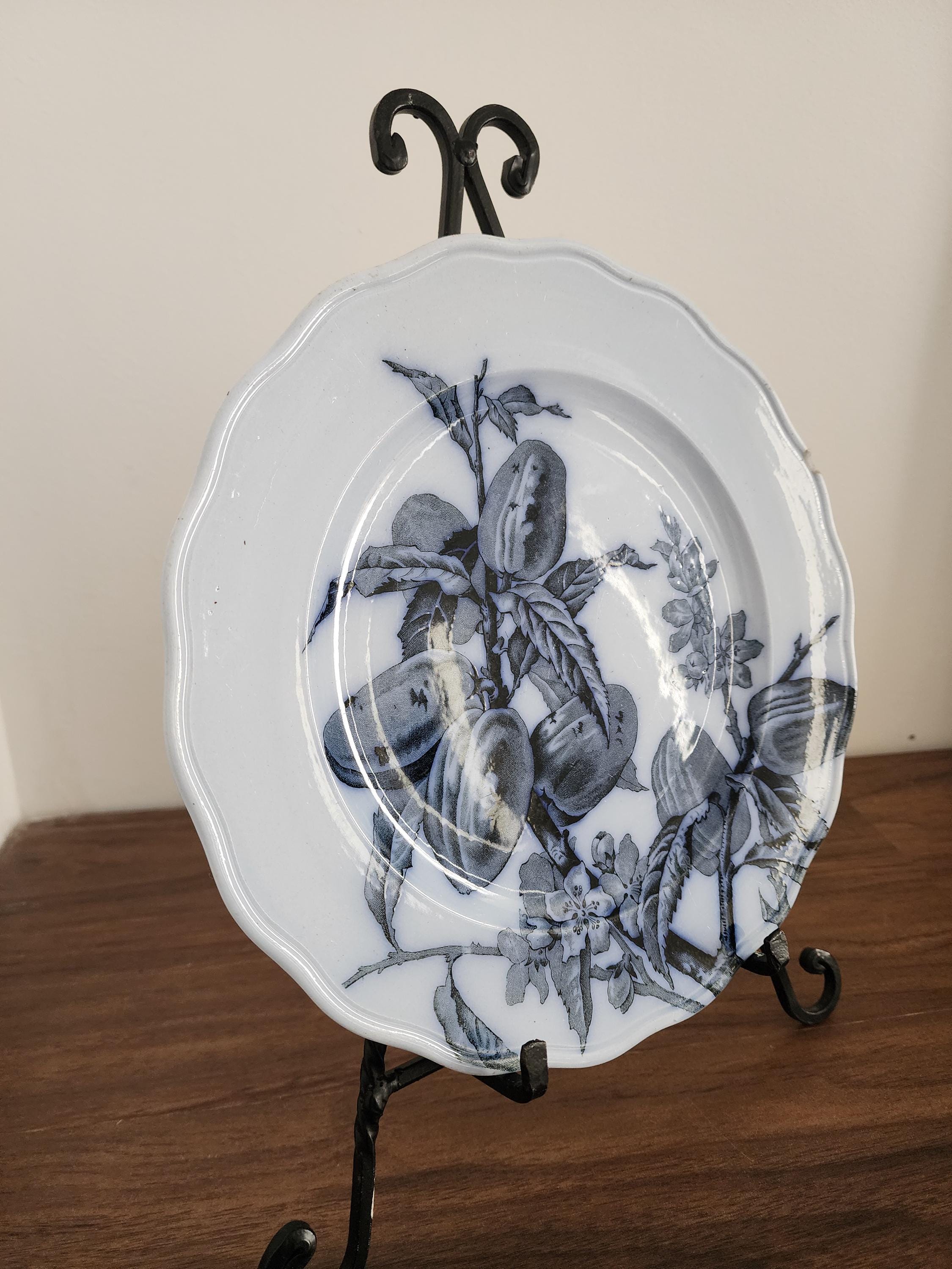 Antique 1873 BWM  Co Punch Plate, 9.5" Blue & White Transferware Wall Plate, English Botanical Ironstone, French Country Decor